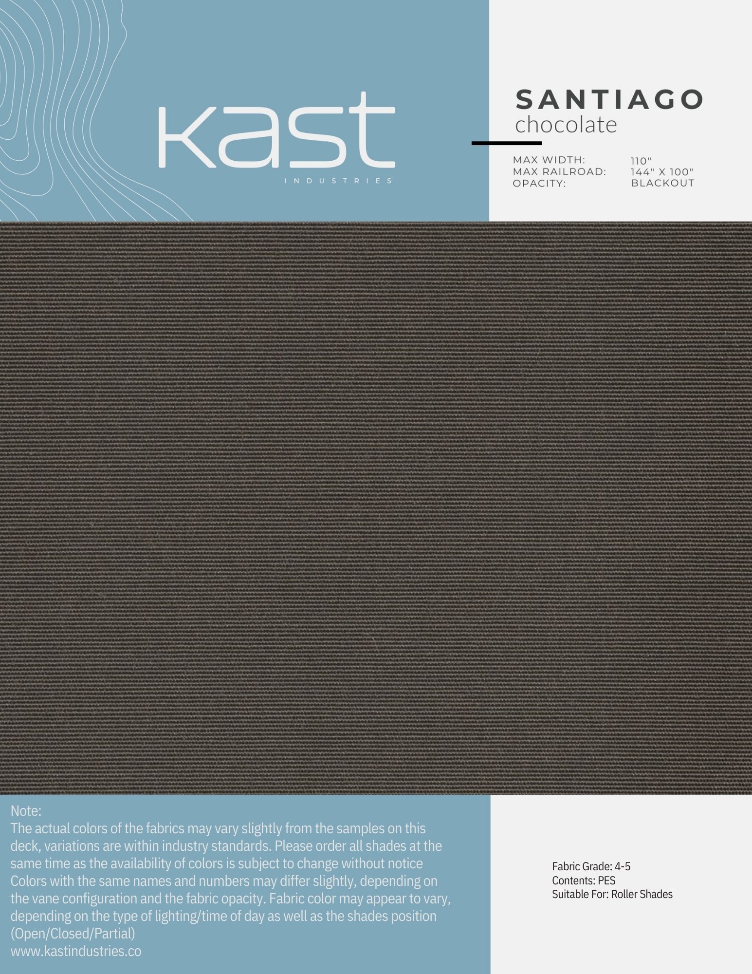 A fabric sample card from Kast Industries featuring Santiago chocolate-colored roller shades, with specifications for width, railroad size, opacity, and suitability for roller shades.