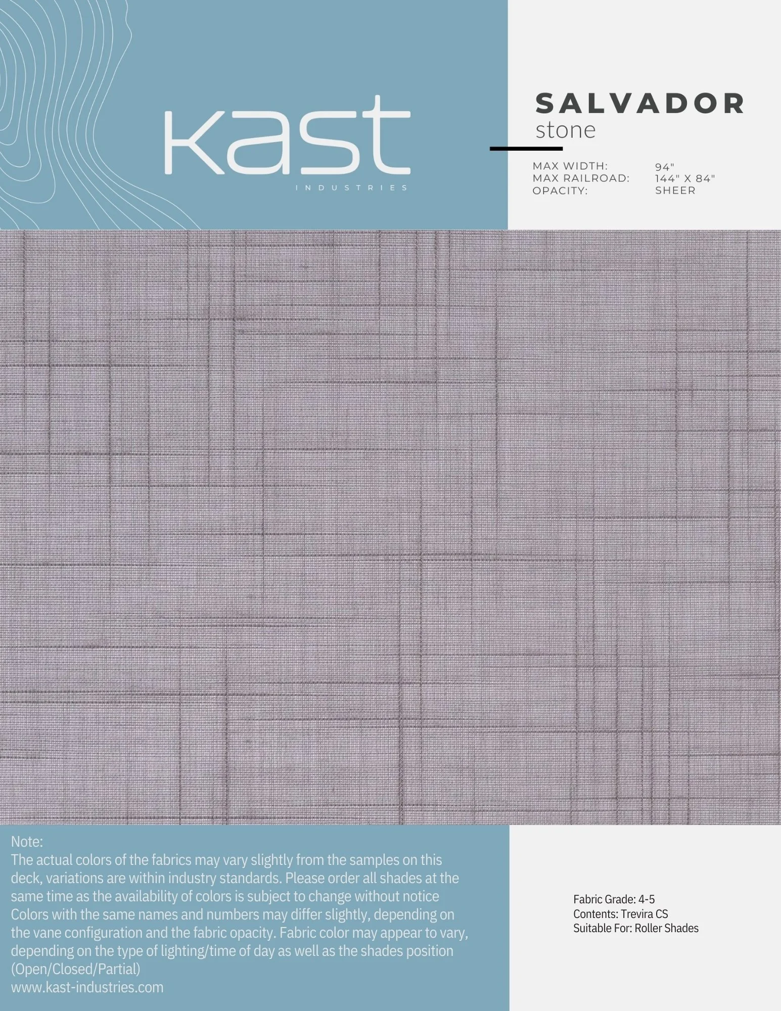 Fabric sample card labeled 'Salvador stone' from Kast Industries, indicating max width 94 inches, max railroad 144x84 inches, sheer opacity, and fabric grade 4-5, suitable for roller shades.