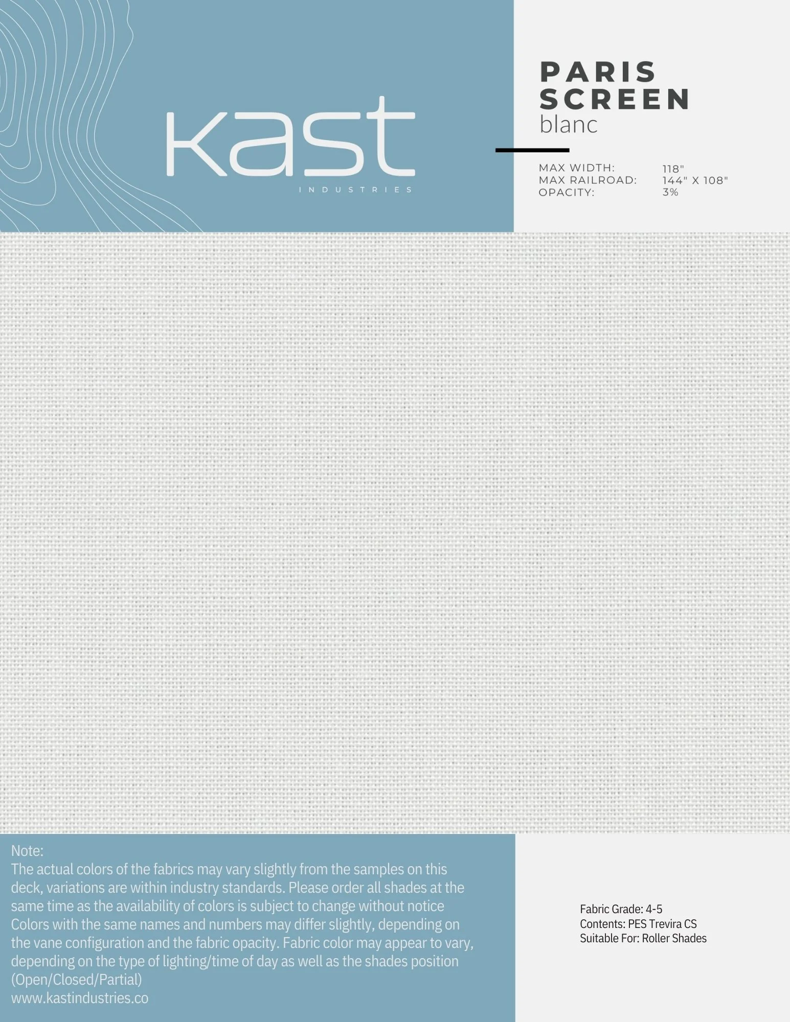 Sample fabric swatch from Kast Industries called Paris Screen in white, with dimensions and specifications listed on the packaging.
