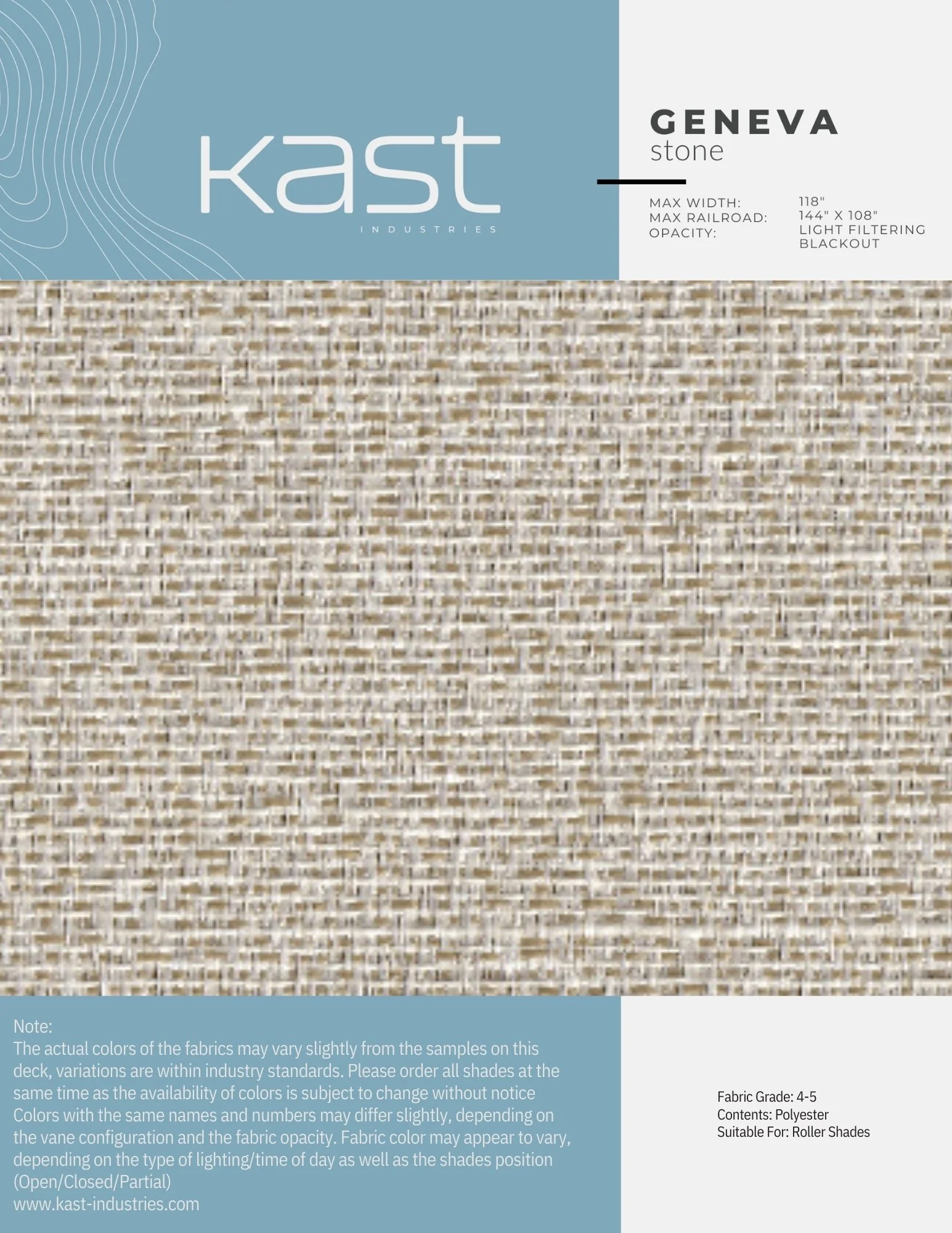 Sample of Geneva stone fabric from Kast Industries, with a light filtering blackout opacity, suitable for roller shades, in beige tones.