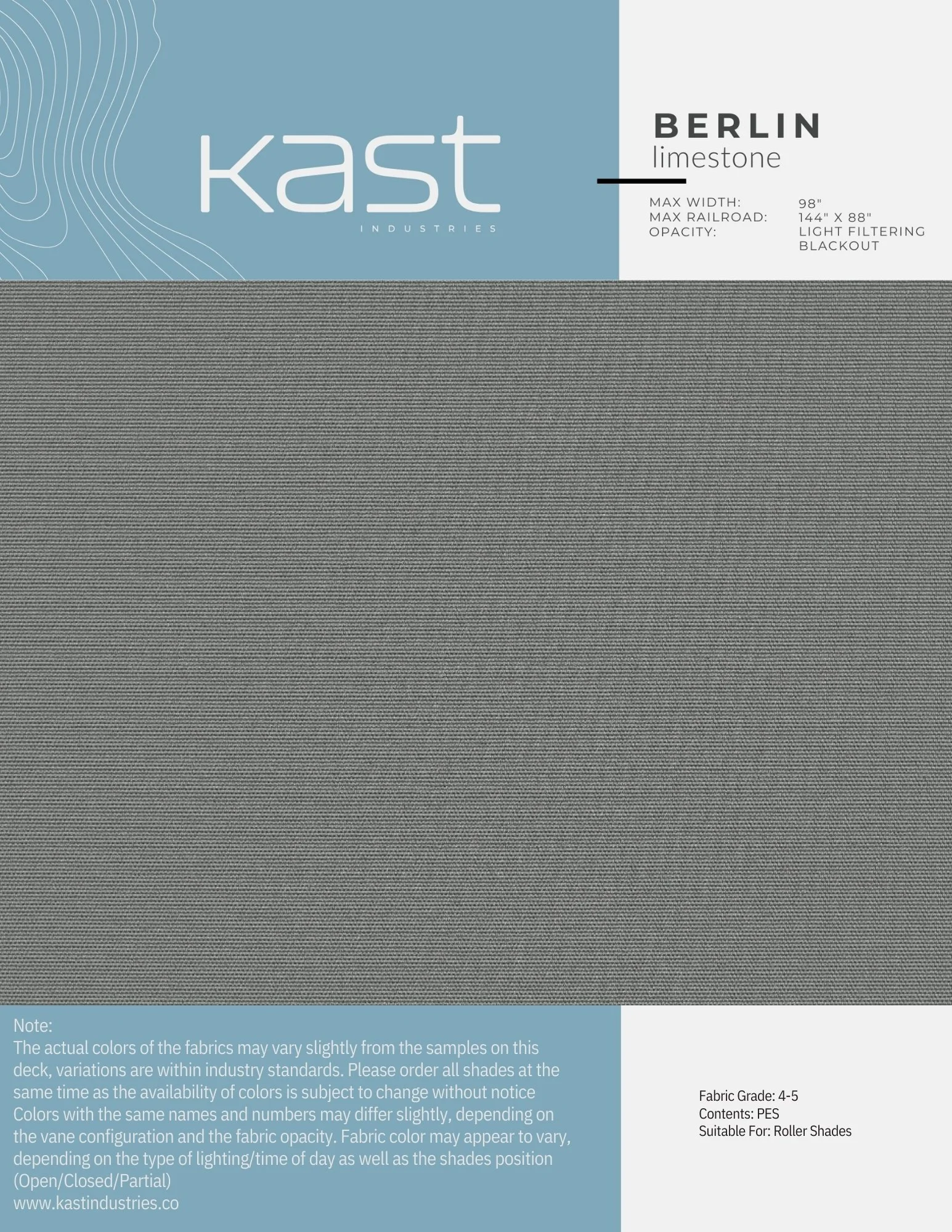 Sample fabric swatch labeled 'Berlin Limestone' from Kast Industries, size 98 inches max width, 144x88 inches max railroad, light filtering blackout, contains PES and is suitable for roller shades.