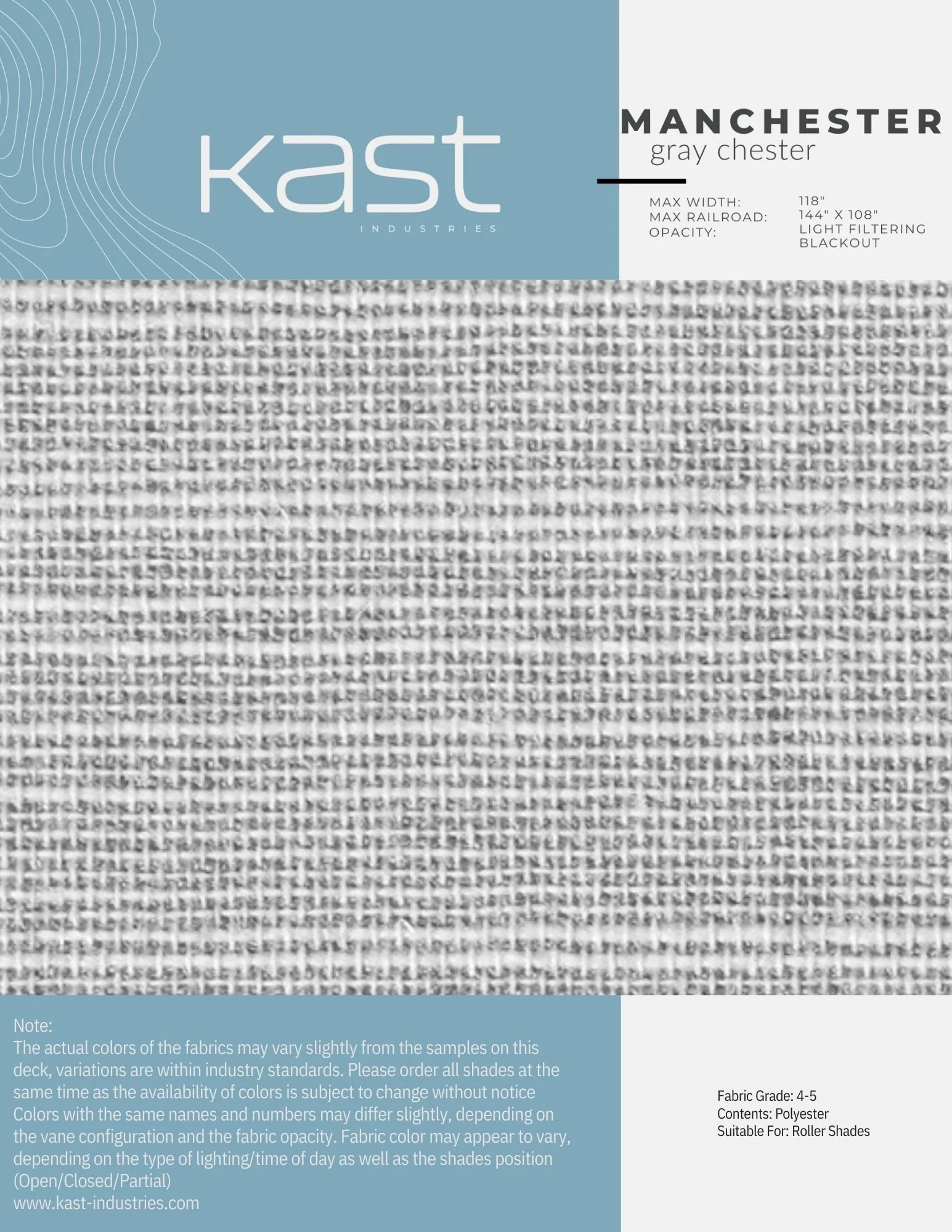 Close-up of a sample fabric swatch titled 'Manchester Gray Chester' from Kast Industries, highlighting a textured gray upholstery pattern suitable for roller shades, with information about fabric grade, contents, and recommended use.