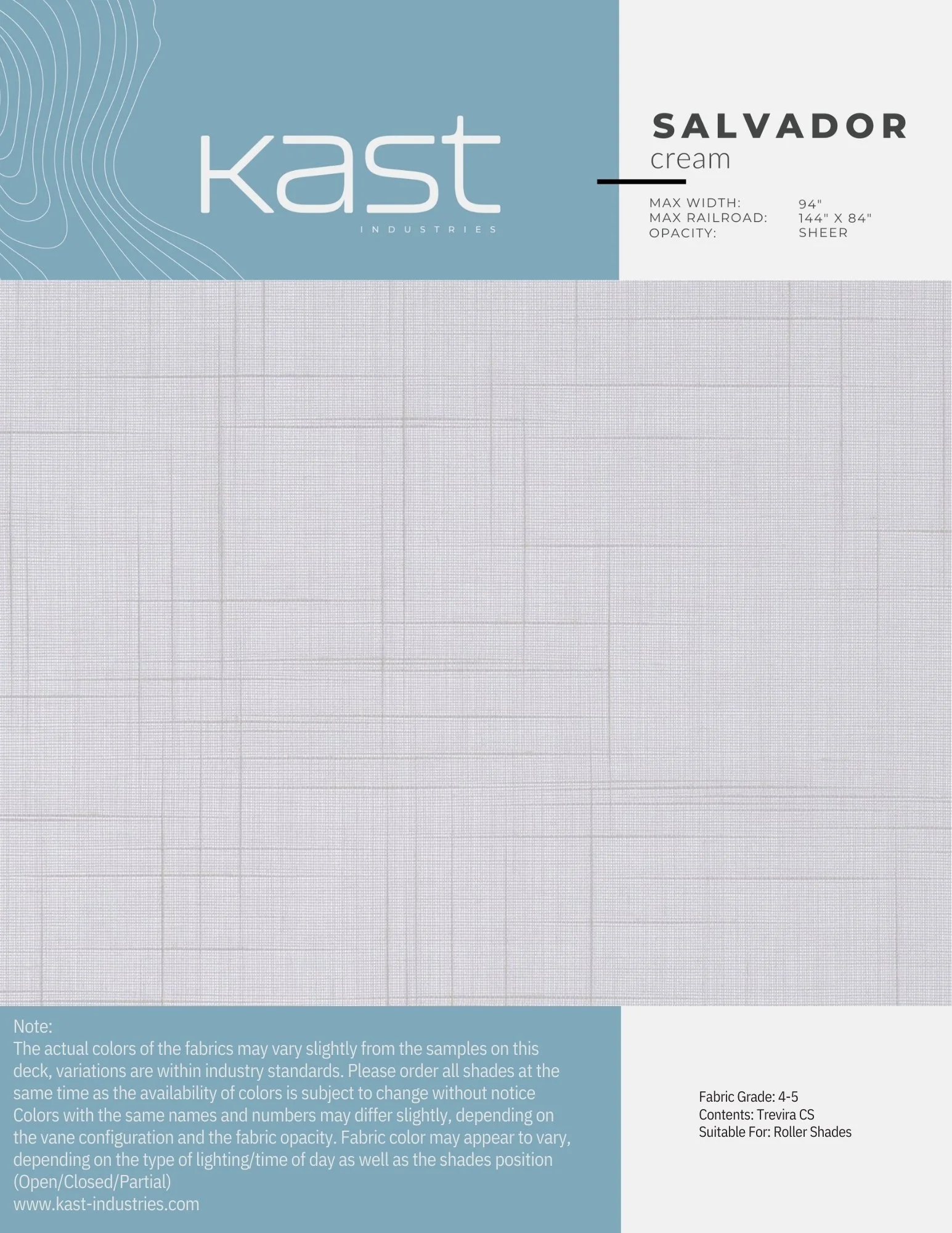 A blank fabric sample card from Kast Industries named 'Salvador Cream,' with grid lines for color matching, details about fabric grade, content, and suitability for roller shades, and notes about color variance.