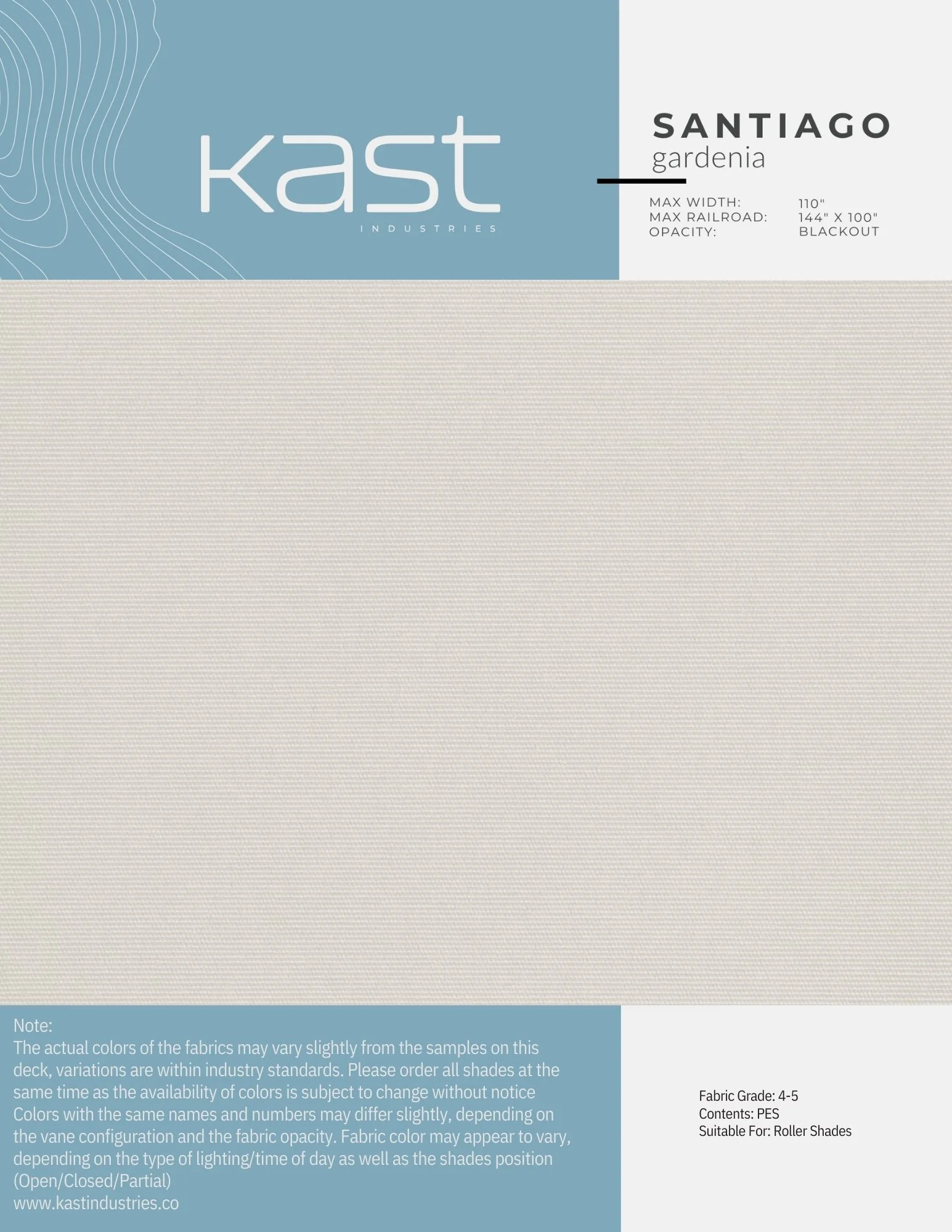 Sample fabric from Kast Industries, labeled 'Santiago Gardenia,' in shades of beige or cream, intended for roller shades, with specifications regarding width, opacity, and color details.