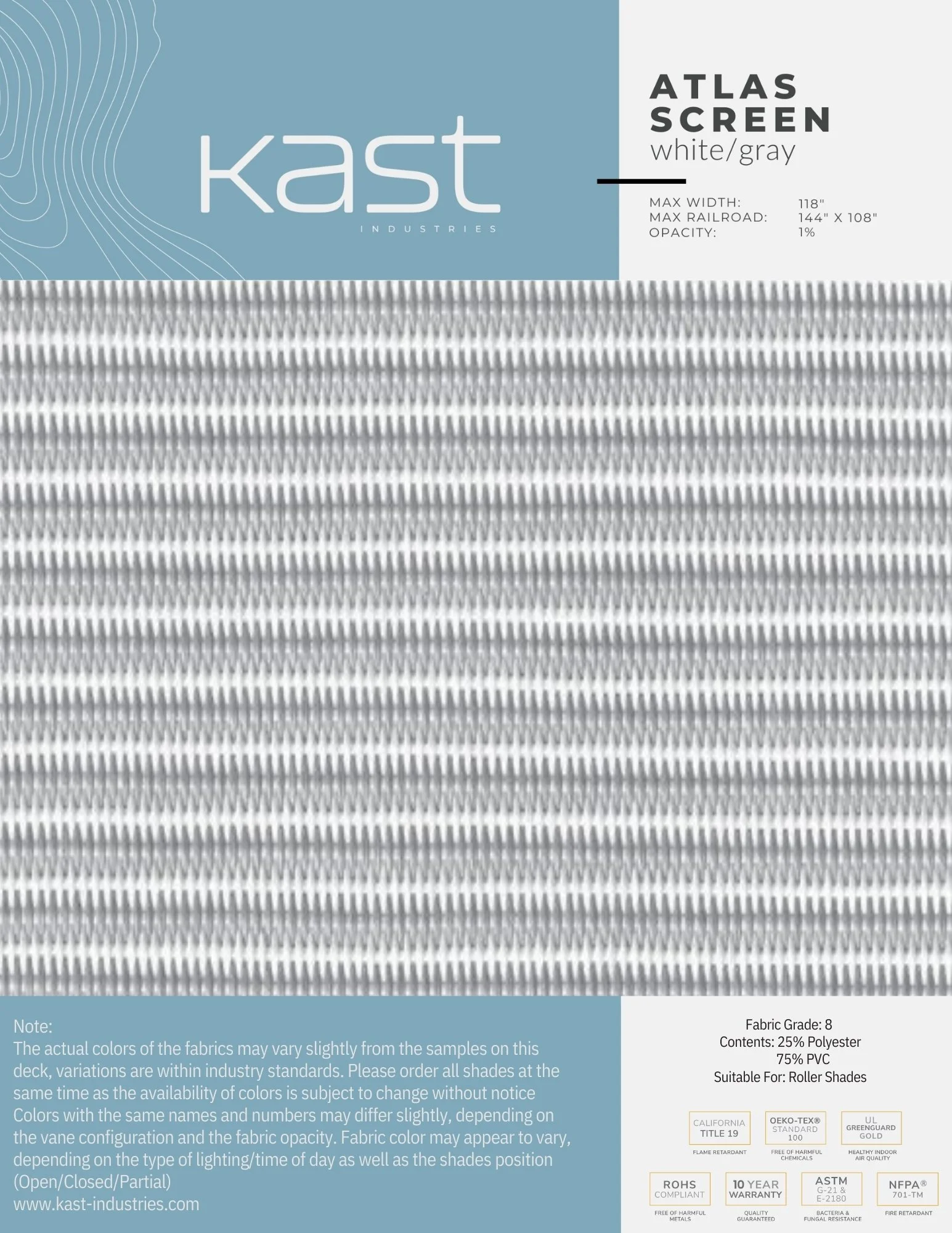 Packaging of Kast Industries Atlas screen roller shade in white/gray color with textured fabric pattern