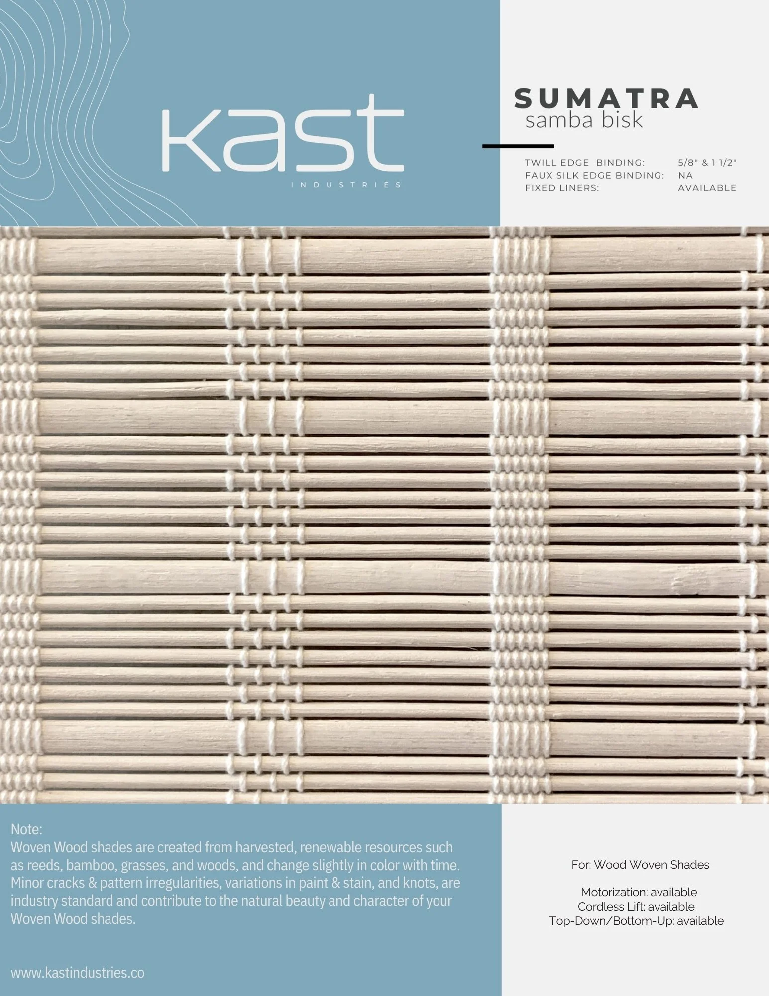 Packaging of woven wood blinds from Kast Industries, labeled Sumattra samba bisk, with details about the product, including material, design, and features.
