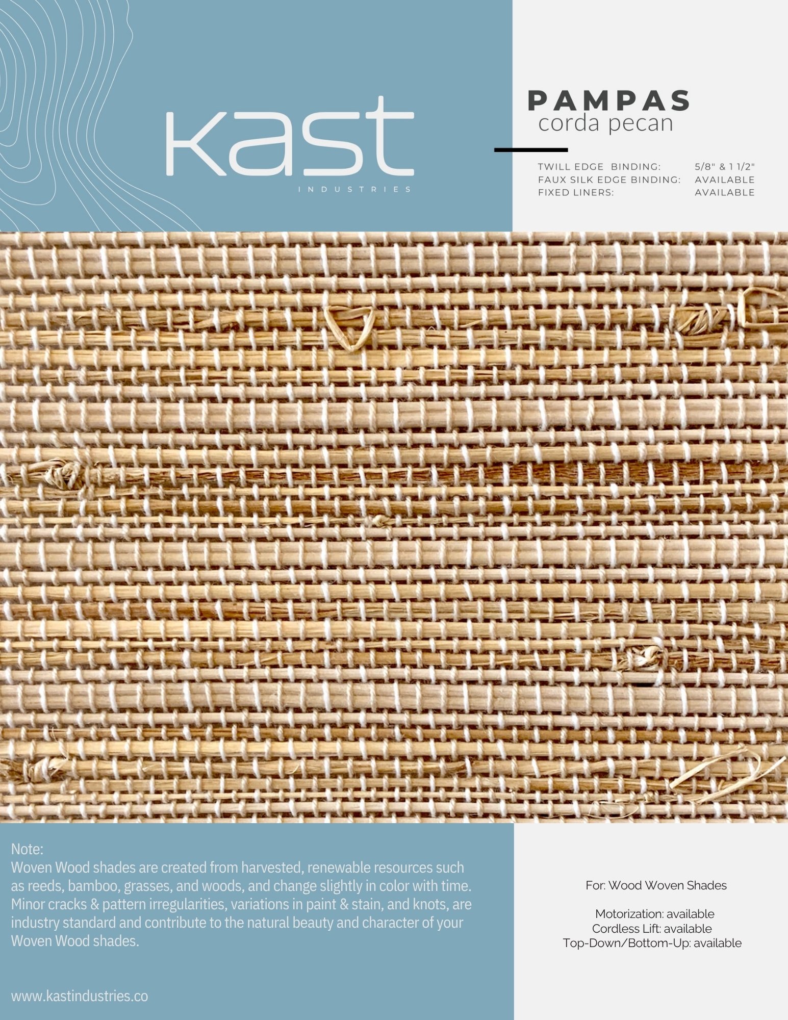 Packaging for Kast Industries woven wood shades in the color 'Pampas Cord Pecan' featuring a close-up of the woven wood material with a light brown, textured appearance.