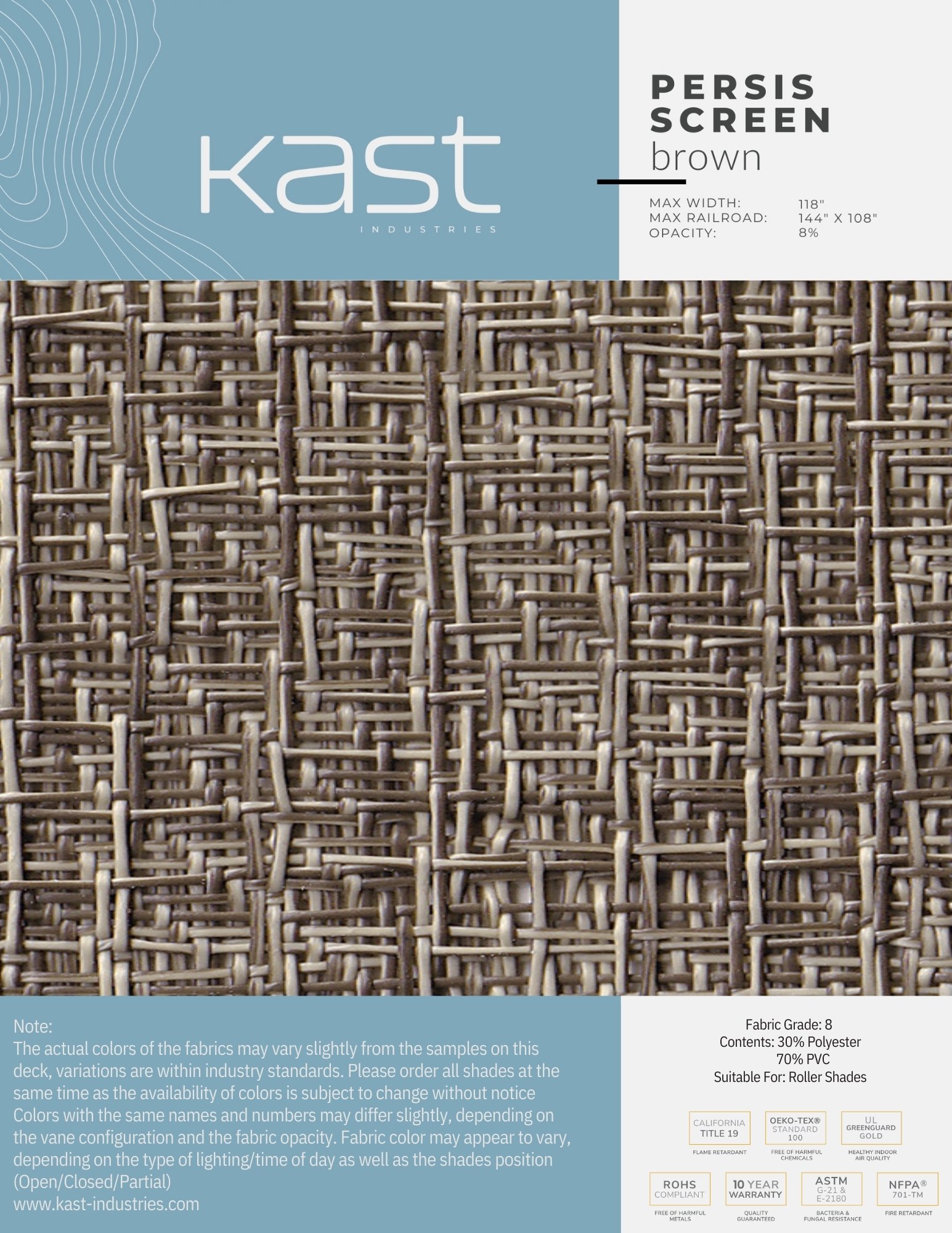 Close-up of a woven brown roller shade fabric sample with the brand name Kast Industries, called Persis Screen Brown, showing its texture and pattern.