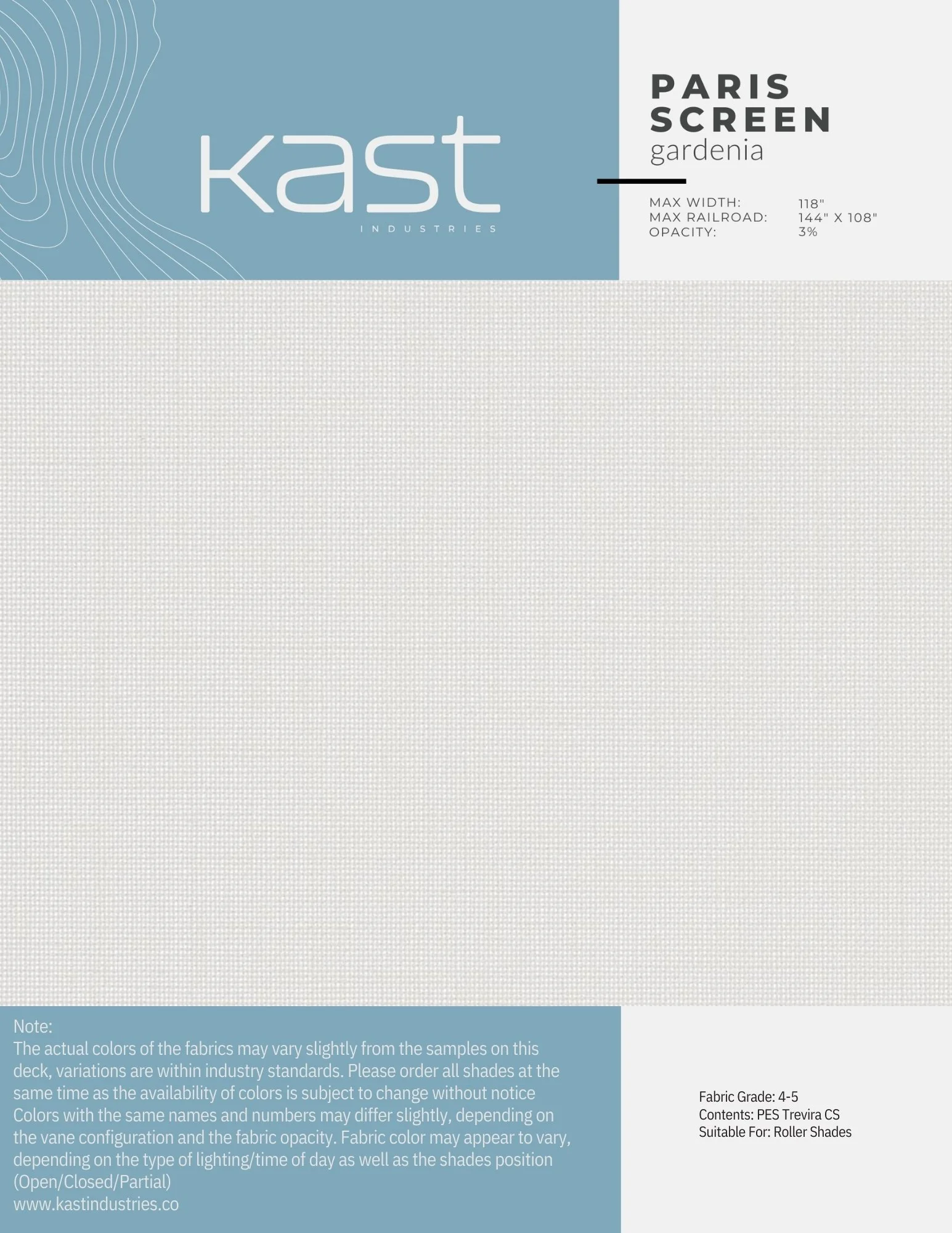 Blank fabric sample sheet for Kast Industries Paris Screen Gardenia with a light beige color and a textured pattern.