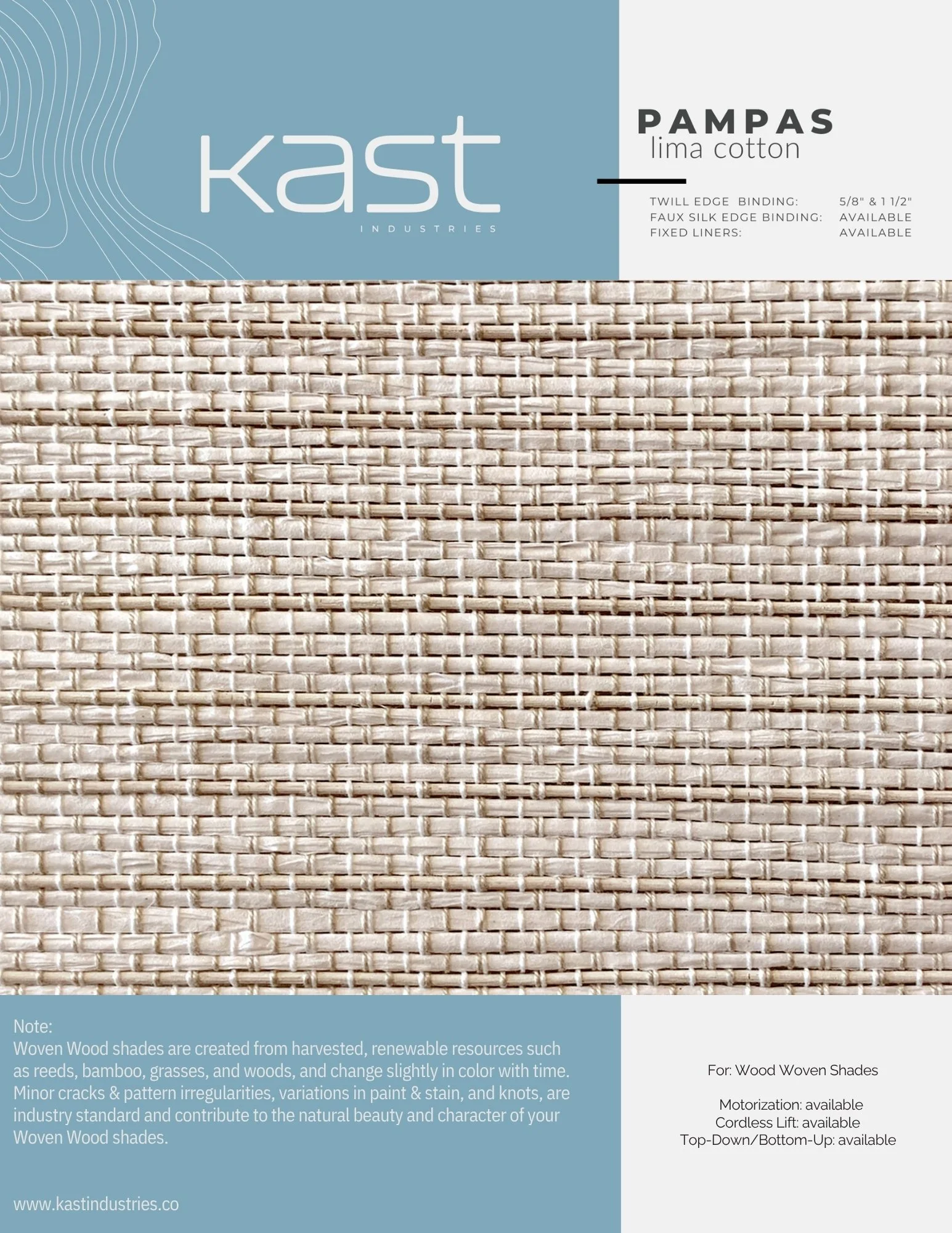 Close-up of a woven wood shade with a blue label at the top that reads 'Kast Industries' and additional information about the product, including fabric type 'Lima Cotton' and details about binding and available options. A note explains the natural va