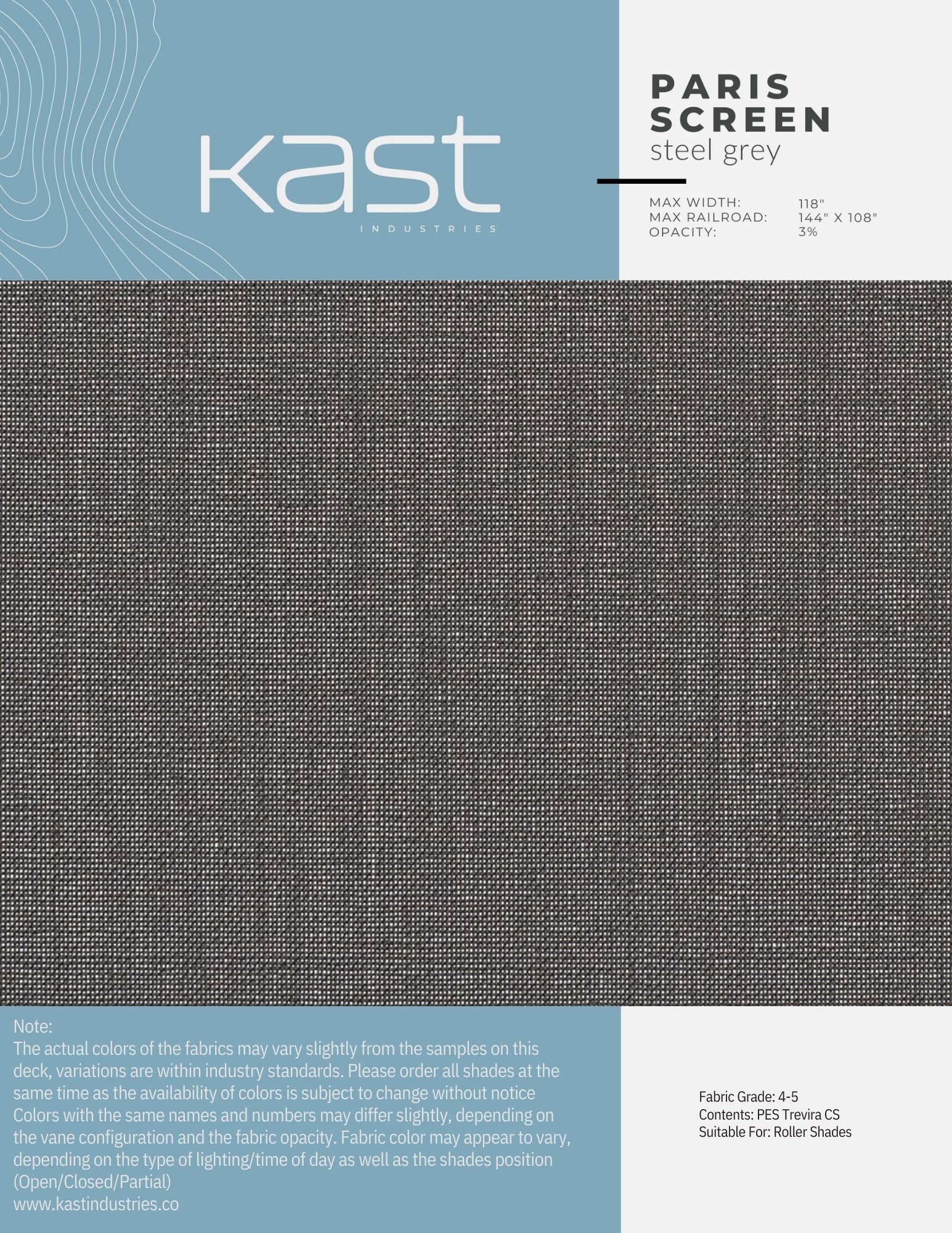 Sample swatch of steel grey fabric from Kast Industries, labeled Paris Screen, with details about dimensions, opacity, and recommended use for roller shades.