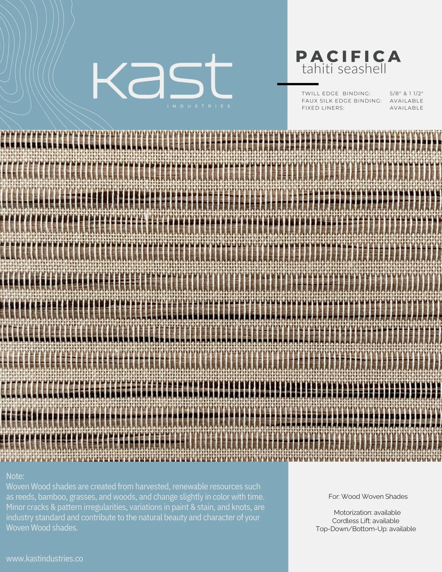 A sample of woven wood shades in taupe color with a blue label in the top left corner, and a note about the materials and features in the bottom left corner.