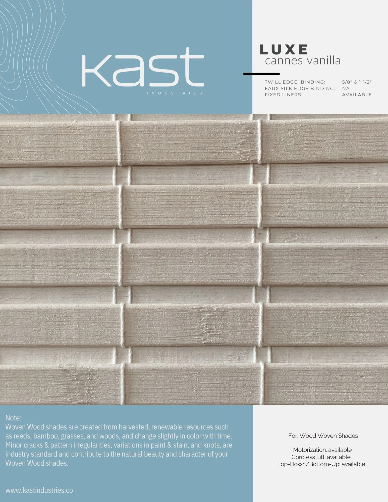 Close-up of a sample box of Kast Industries Luxe Cannes Vanilla woven wood shades, showing a beige textured textured pattern.