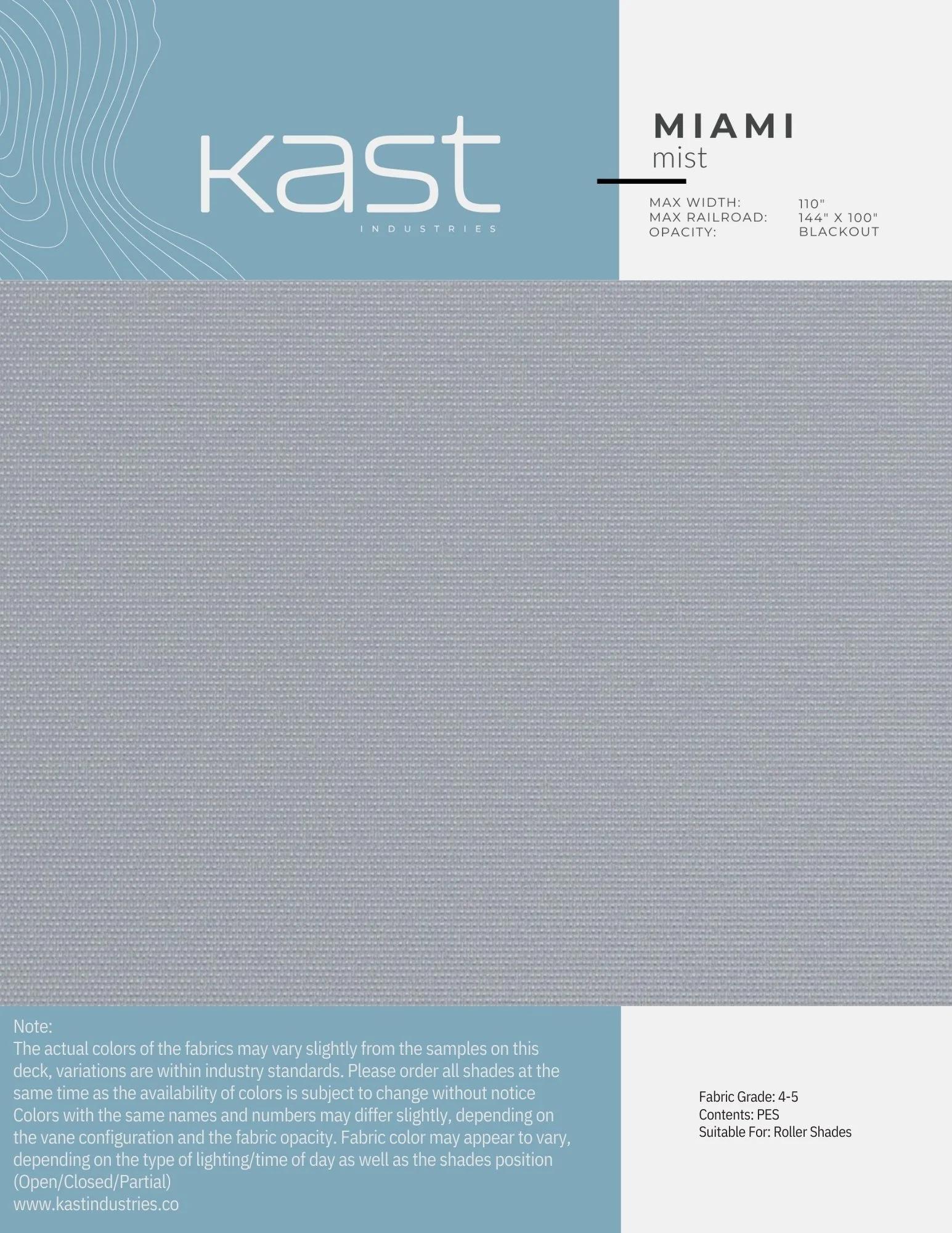 Kast Industries fabric swatch card for Mist, a blackout roller shade fabric. The card shows the brand logo, product name, fabric specifications, and a large section of the fabric in gray color with a subtle textured pattern. The text indicates the ma