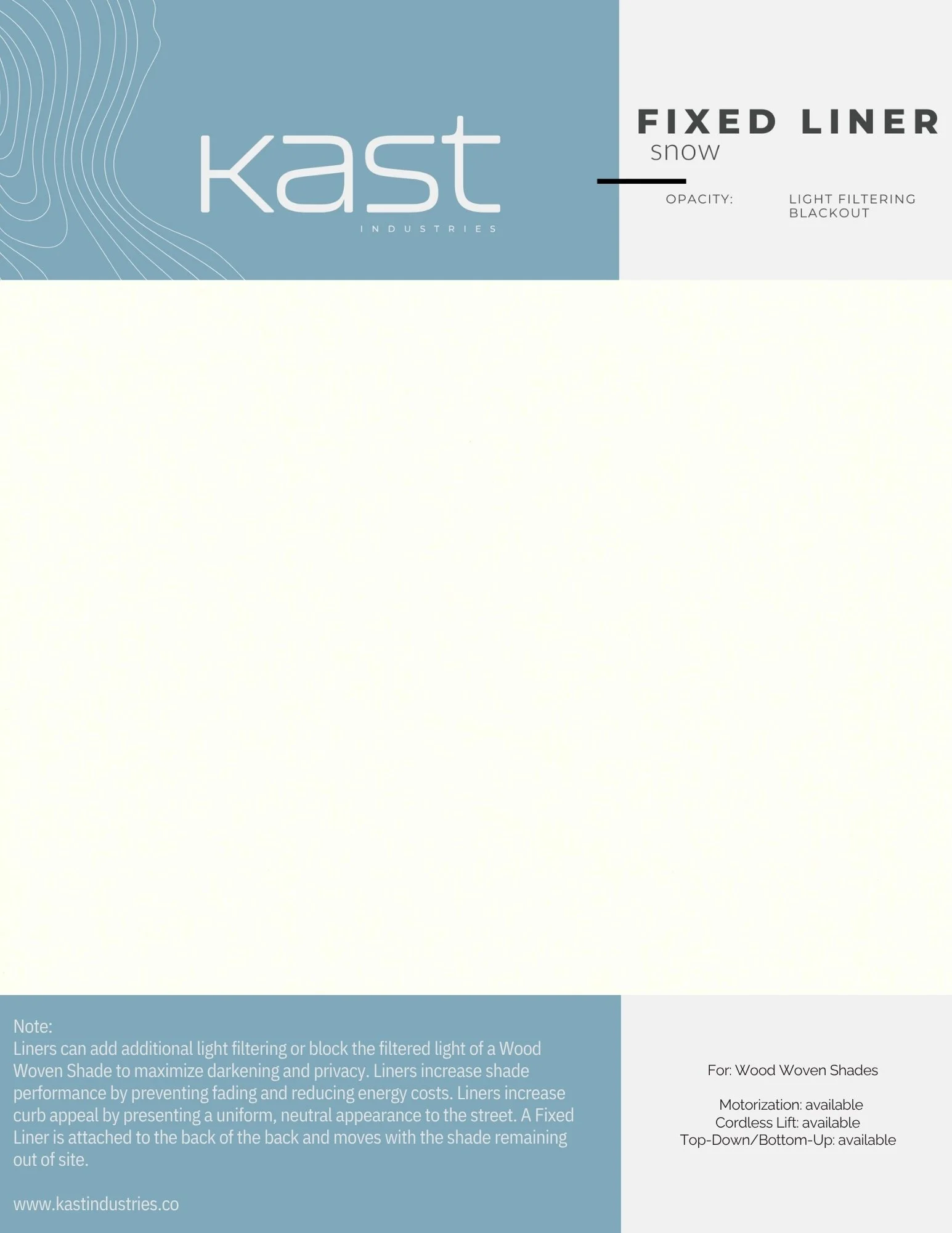Kast Industries fixed liner snow light filtering blackout fabric swatch with product notes and specifications