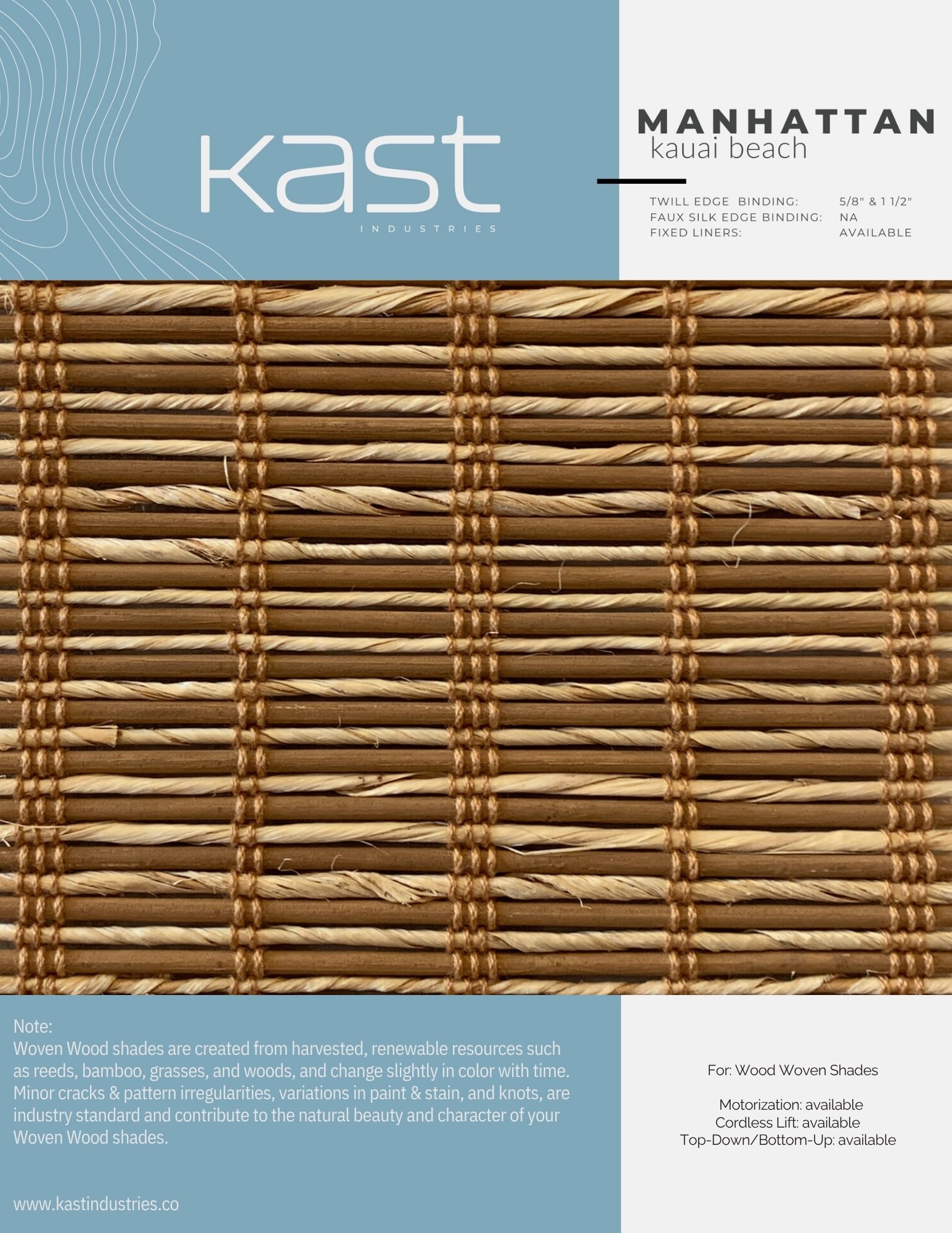 Close-up of a woven wood shade with a blue label indicating it is for a Manhattan Kauai Beach setting, made by Kast Industries, with specifications for size and features.