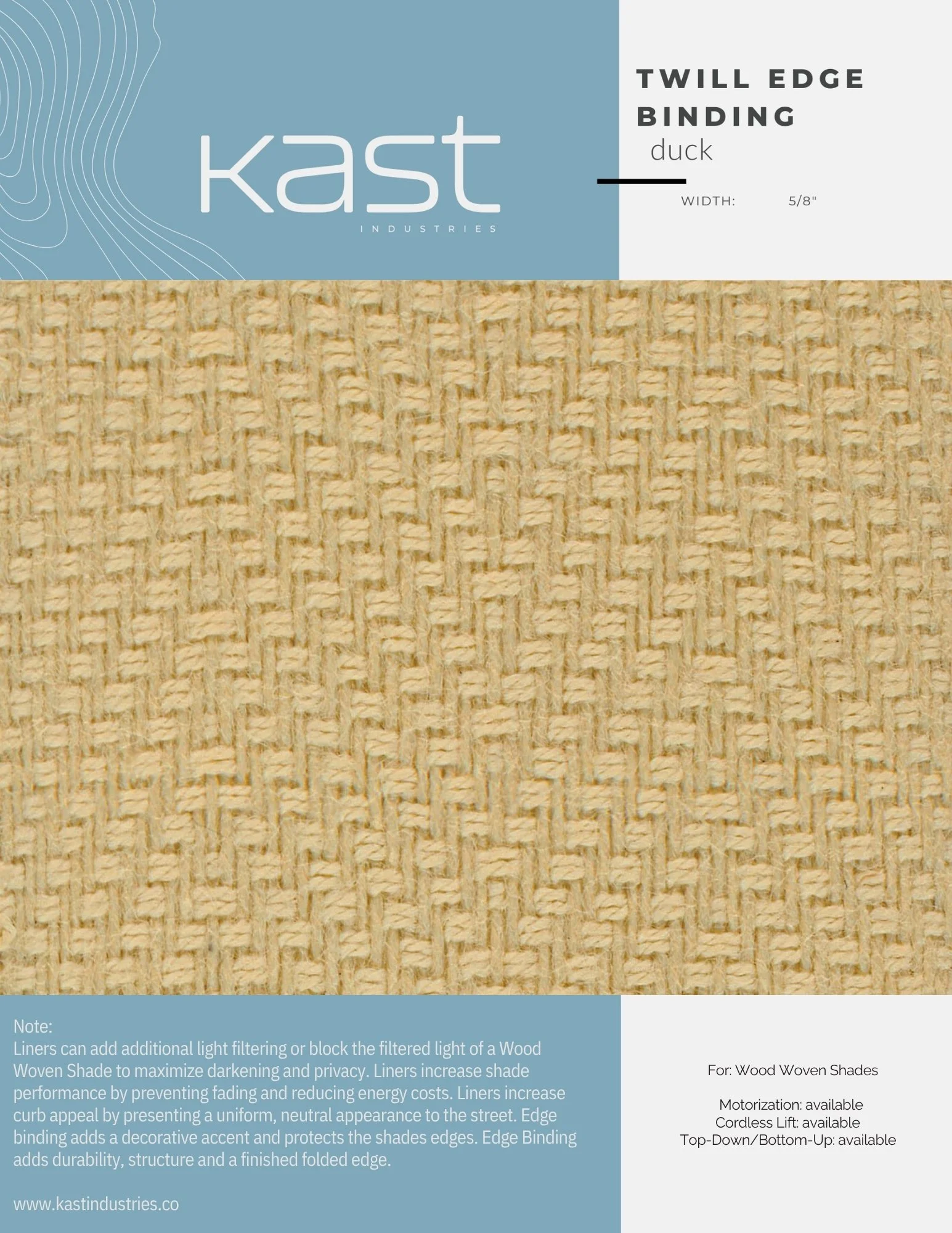 Packaging label for Kast Industries twill edge binding duck fabric, beige woven textile with a blue header and detailed product description.