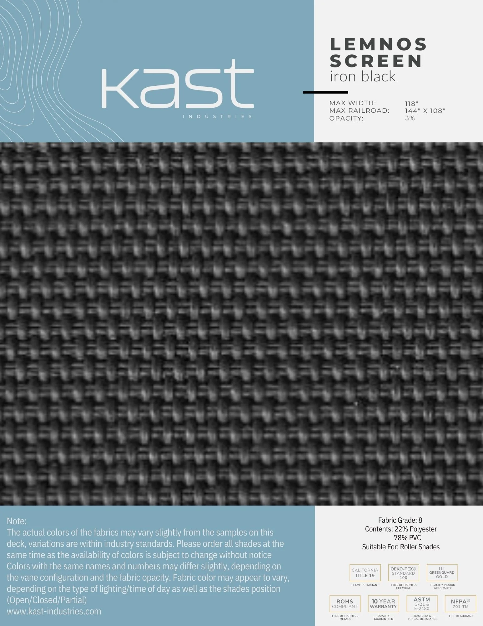 Sample fabric swatch of black woven material, with packaging label indicating it is a Lemnos screen in iron black color, suitable for roller shades.