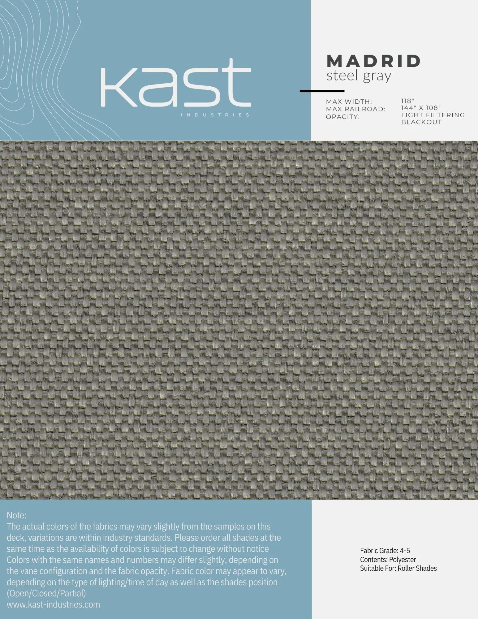A fabric sample of steel gray color from Kast Industries, suitable for roller shades, with a textured woven pattern.
