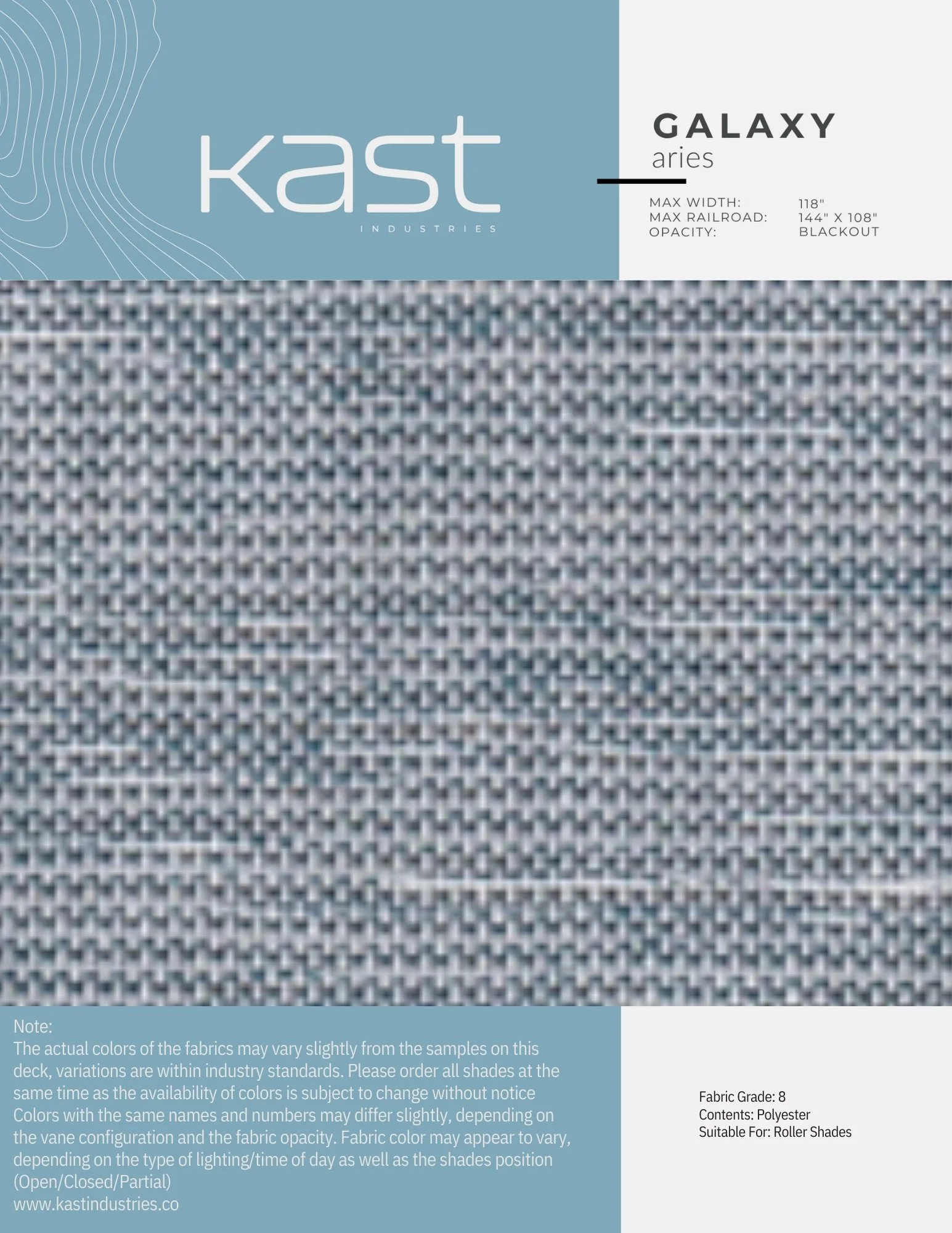 Sample fabric swatch in blue and gray in a tight woven pattern, labeled 'Galaxy Aries' from Kast Industries, suitable for roller shades.