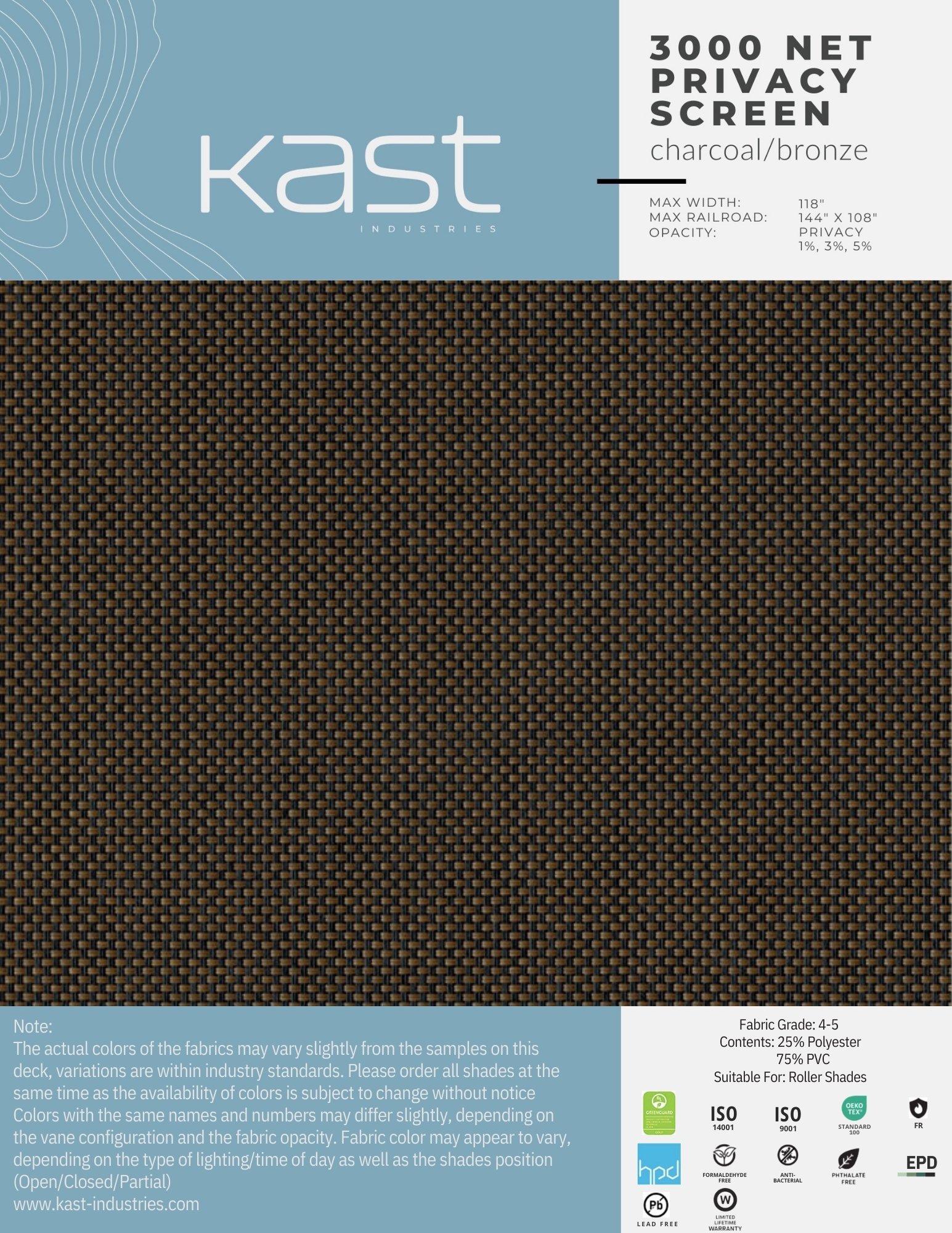 Packaging label for Kast Industries' 3000 net privacy screen in charcoal/bronze color, showing fabric pattern, size, opacity options, and certifications.