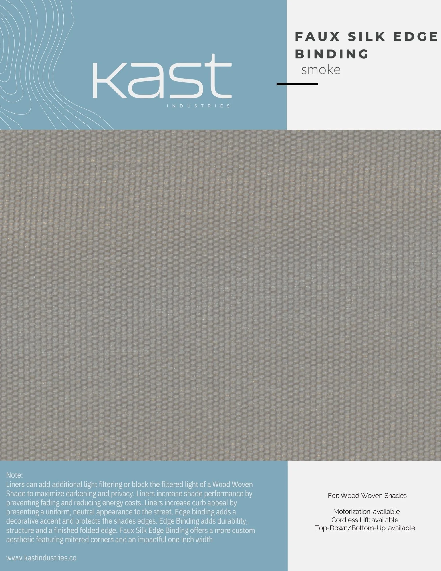Close-up of a fabric sample with a textured faux silk edge binding in smoke color from Kast Industries.