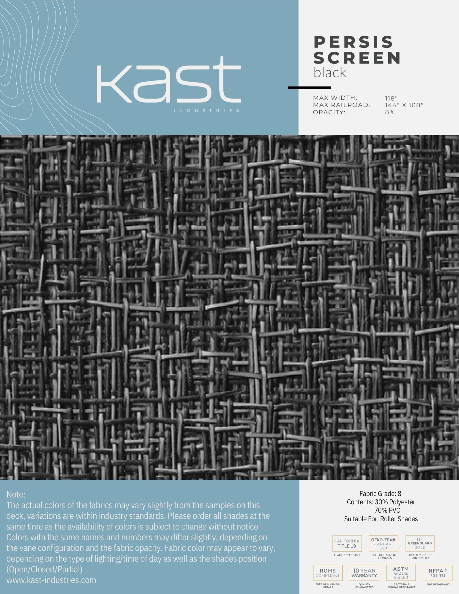Package of black Persis screen fabric from Kast Industries showing a tightly woven pattern of black woven material with product specifications and labels.