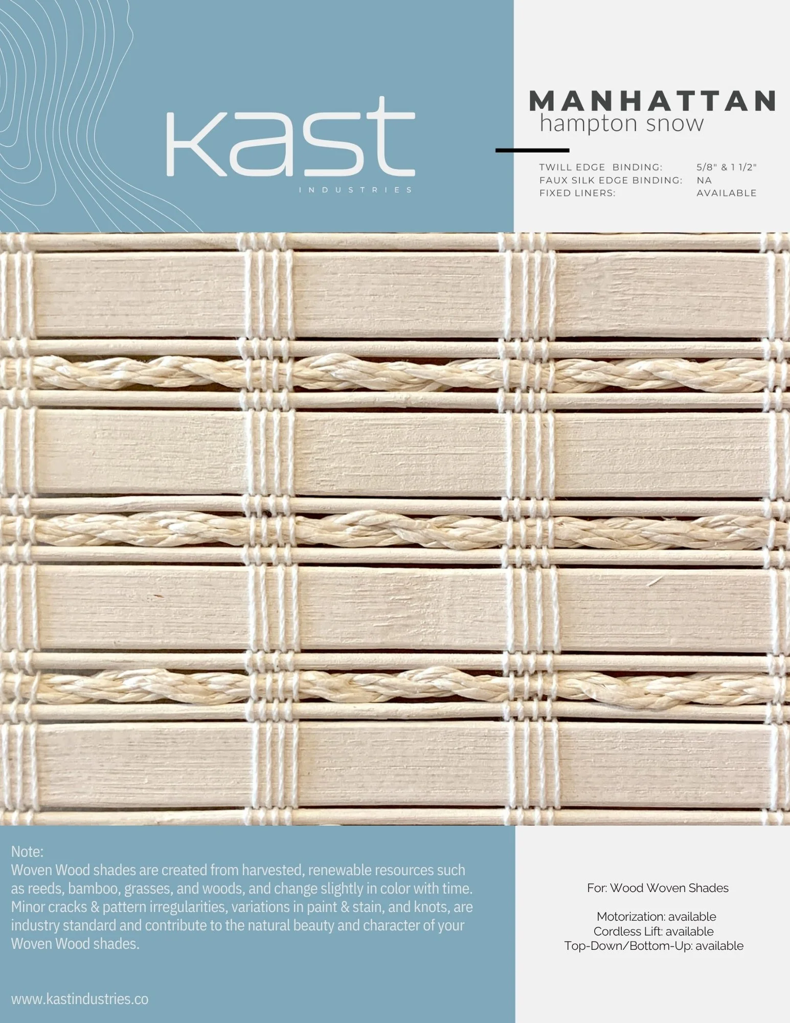 Packaging for Kast Manhattan Hampton Snow woven wood shades, showing beige wooden slats and white string weaving.