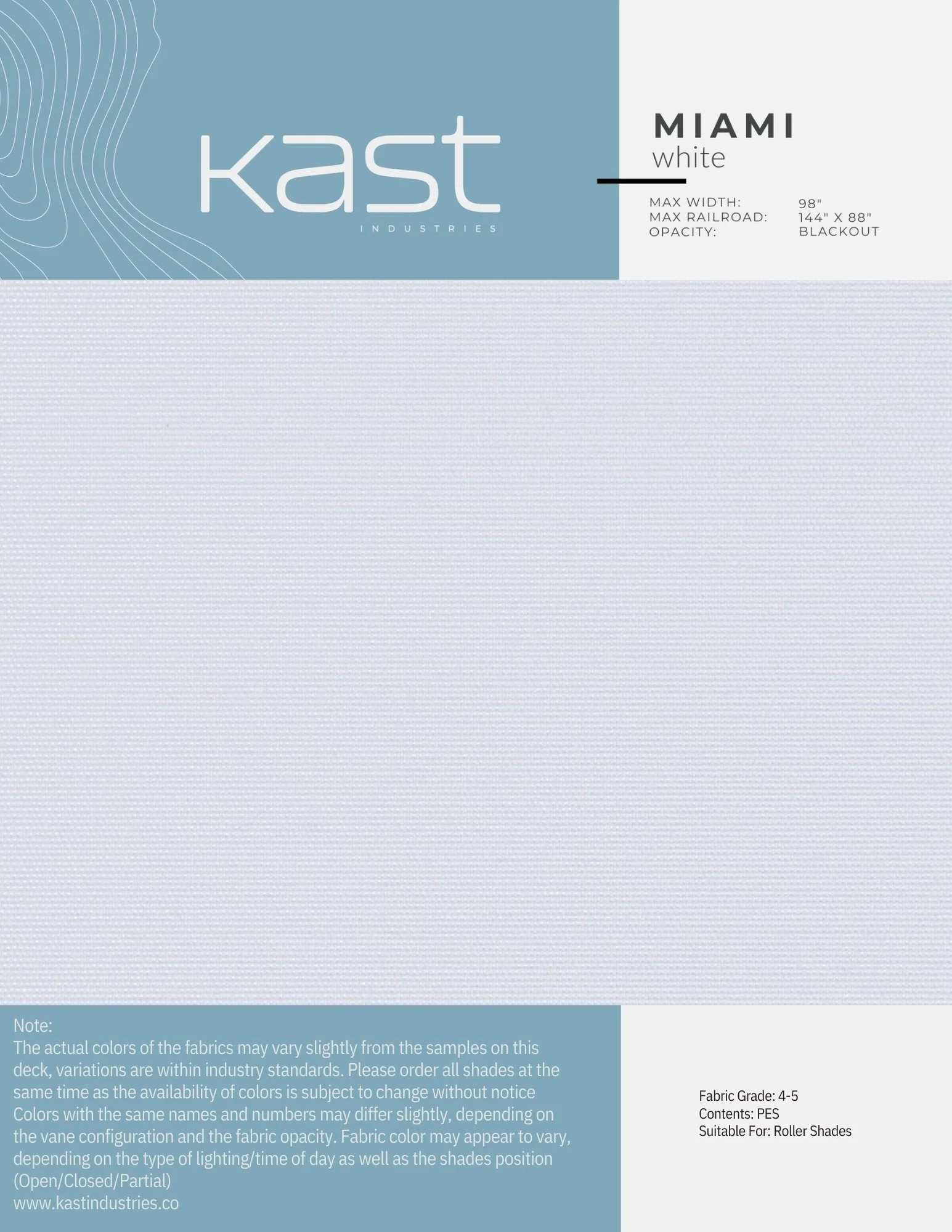 Packaging for Kast Industries white roller shade with blackout opacity, dimensions 98 inches by 144 inches, suitable for roller shades.