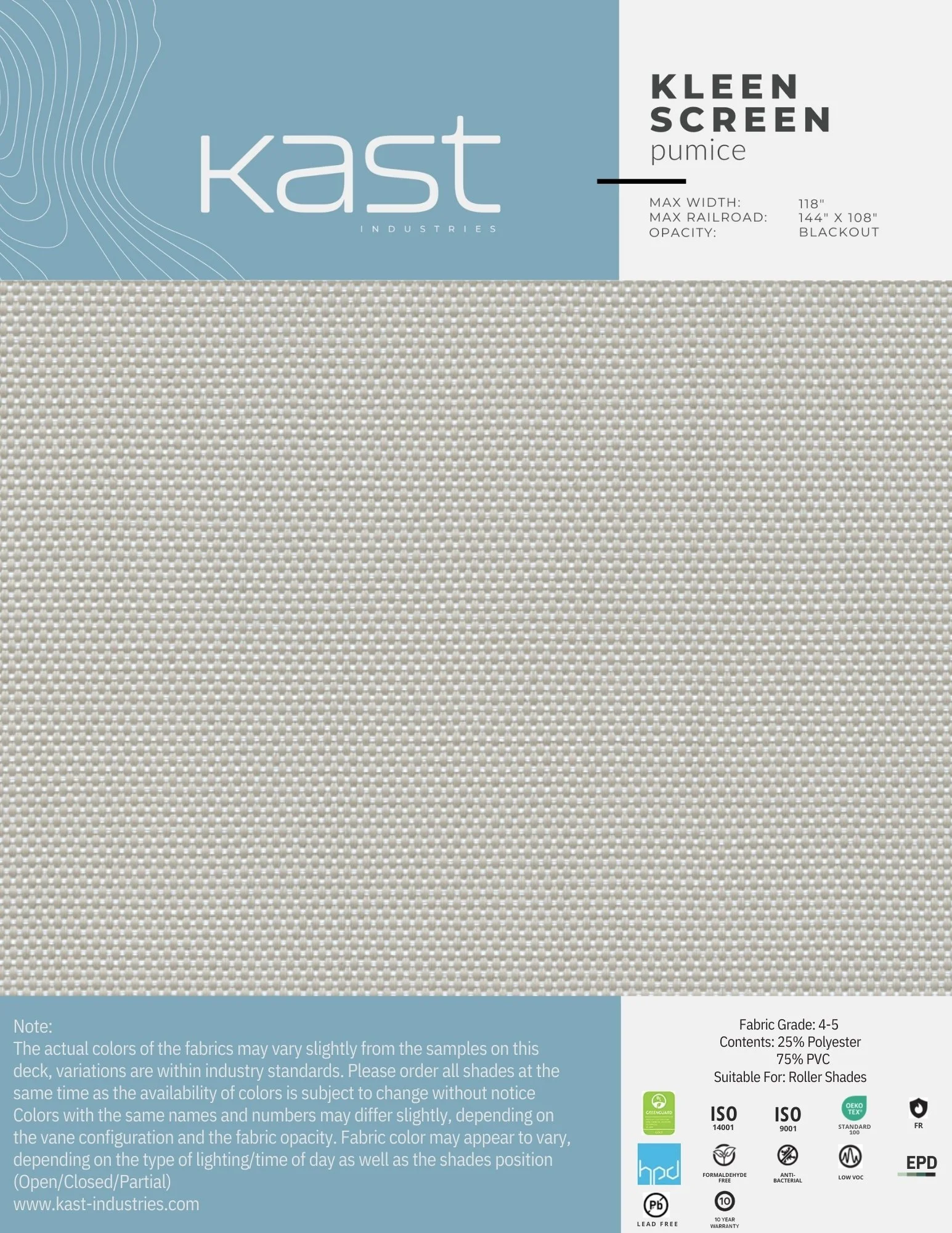 Sample of beige Horizon fabric with a textured, woven pattern. Packaging label from Kast Industries shows product details including dimensions, opacity, fabric grade, and certifications.