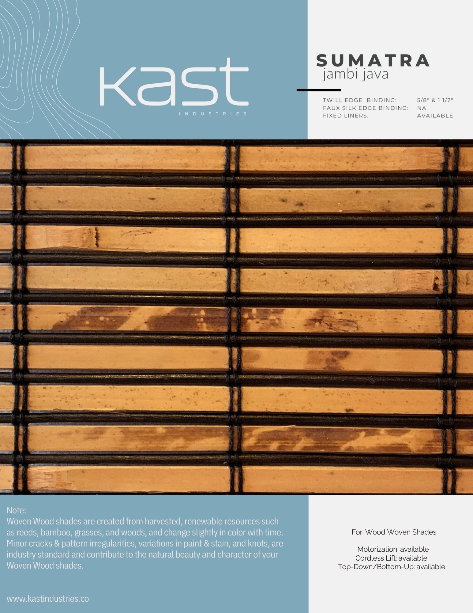 Close-up of a wooden woven shade from Kast Industries, labeled as Sumatran Jambi Java, with information about materials, features, and options for wood woven shades.