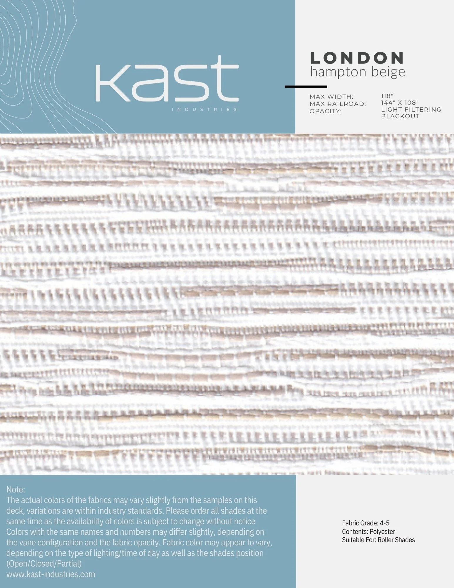Sample of light filtering roller shades in Hampton Beige color from Kast Industries, with fabric grade 4-5, made of polyester, suitable for roller shades, showing the fabric's texture and color.