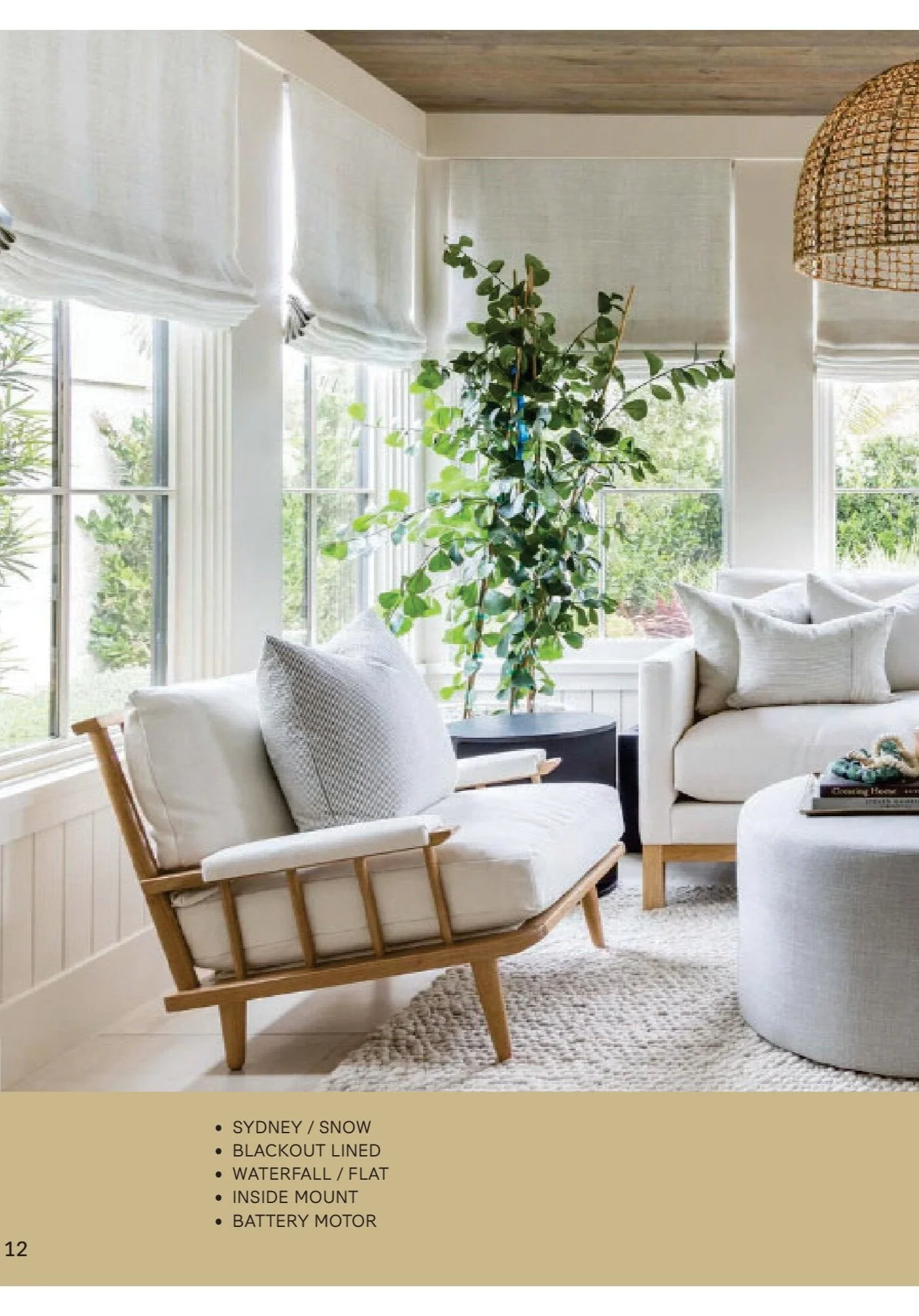 A bright living room with large windows, white furniture, a large potted plant, and a cozy rug.