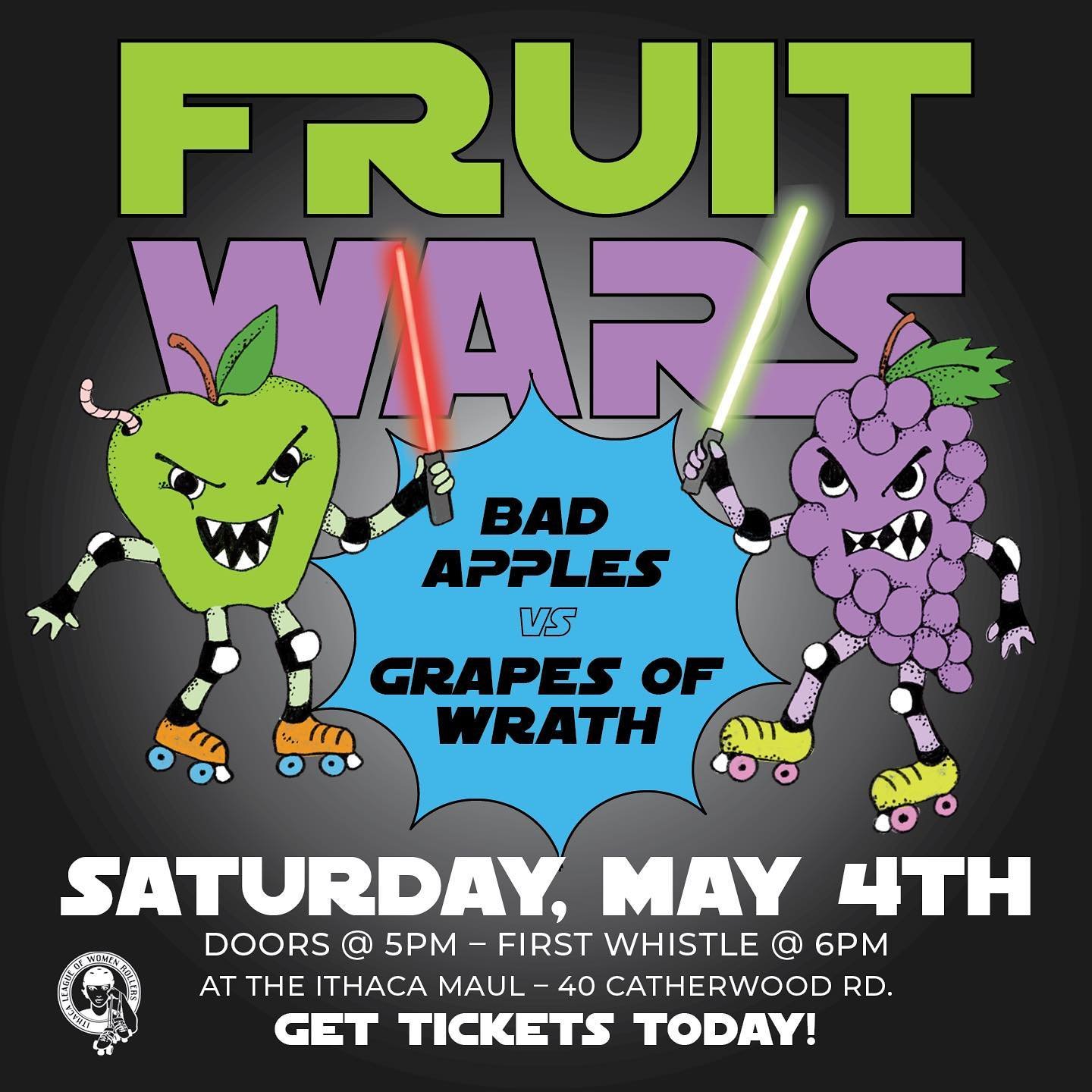 A long time ago in a galaxy far far away... the Bad Apples 🍏 and Grapes of Wrath 🍇 were locked in a battle for the balance of the universe. Come witness the saga unfold on May 4th. Doors open at 5pm, first whistle at 6pm.

🎟️ Tickets 🎟️ 
Adults: 