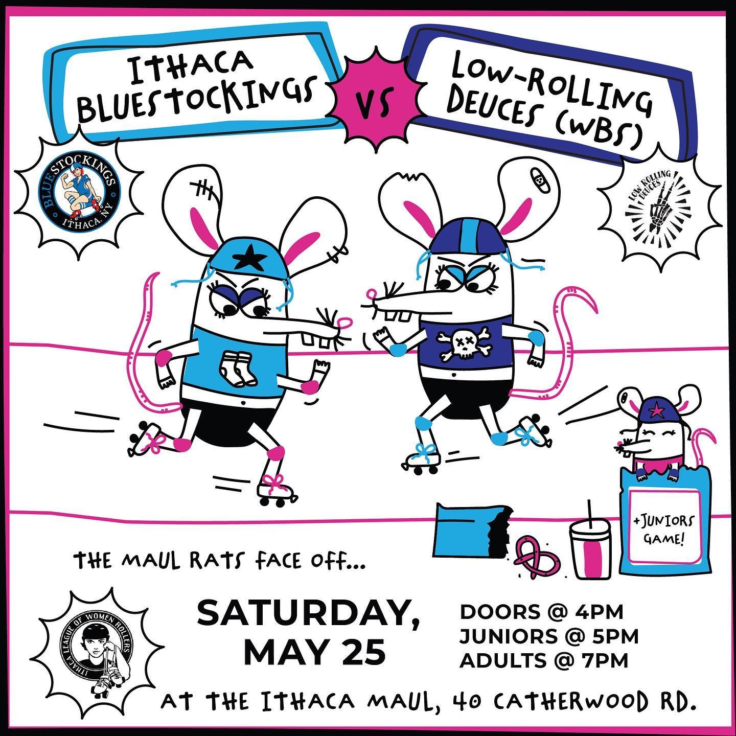 On May 25th the ILWR BlueStockings face off against the WBSRD Low Rolling Dueces after a riveting Junior Rollers game! Doors open at 4pm, first whistle at  5pm (Juniors) and 7pm (ILWR vs WBSRD)

Tickets: link 🔗 in bio
Adults: $8 preorder, $10 at the