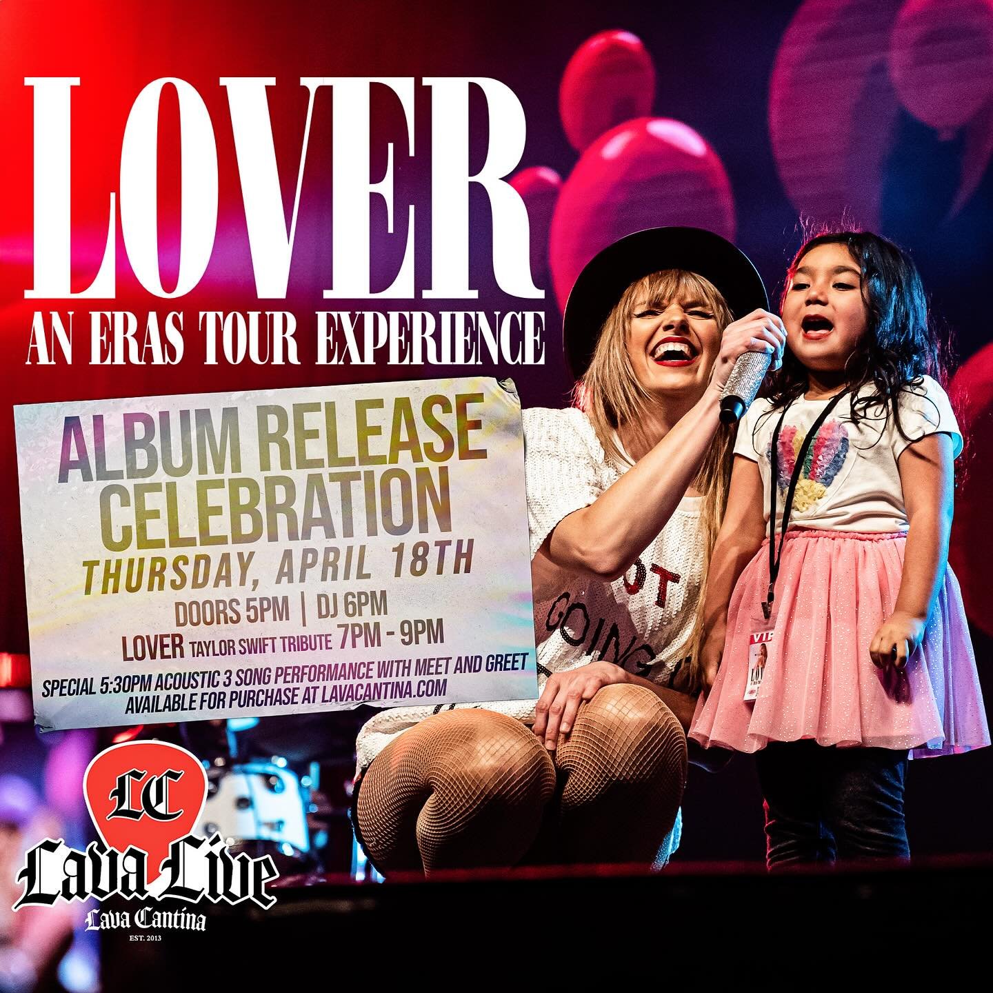 🚨 THURSDAY, APRIL 18TH @lavacantinatc 🚨

LIVE BAND KARAOKE
with Shannon Cobb 
💀Lava Cantina&rsquo;s Voodoo Lounge
AGES: All Ages
7 PM - 9:30 PM
🎟️🎟️➡️ NO TIX NEEDED!

💥💥💥💥💥

LOVER - AN ERAS TOUR EXPERIENCE 
Taylor Swift Tribute
🔥Lava Live 