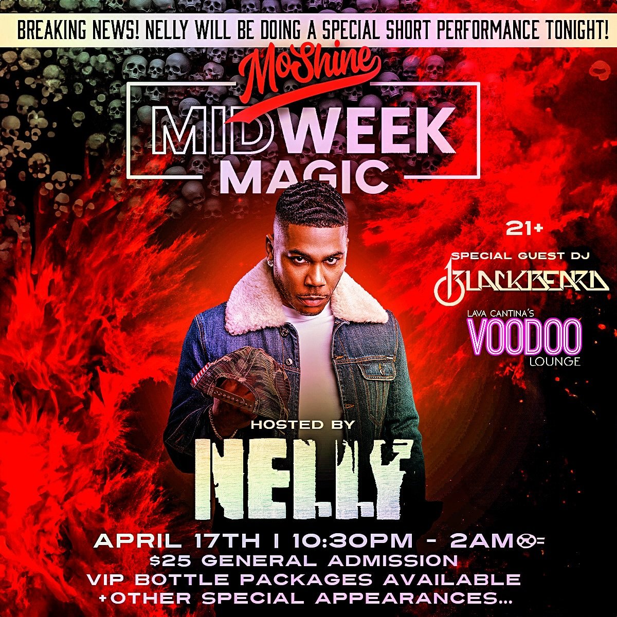 🚨 THIS JUST IN!!! Nelly will be doing a special short performance TONIGHT @lavacantinatc 🚨

🔥 Get ready for an EPIC NIGHT -  MoShine Midweek Magic HOSTED by the legend himself, Nelly!! - April 17th &bull; 10:30 PM 🔥

😈 Part of the SERVICE INDUST