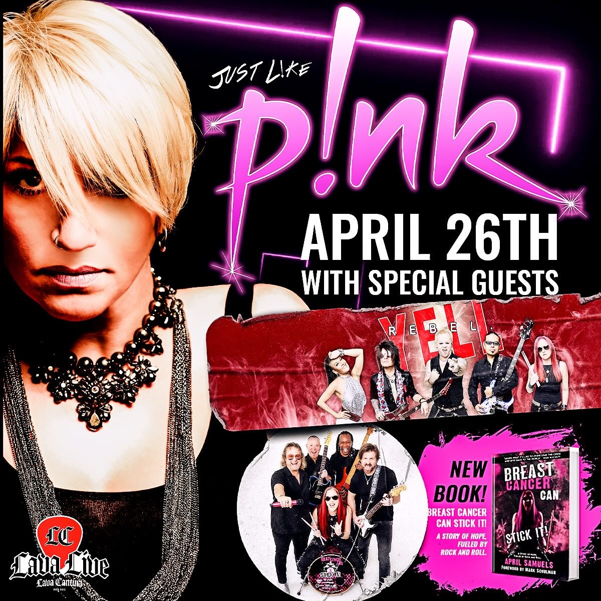 🚨 FRIDAY, APRIL 26TH @lavacantinatc 🚨

JUST LIKE P!NK - Pink Tribute
with Rebel Yell - Tribute to Billy Idol
and Breast Cancer Can Stick It! Band
🔥Lava Live at Lava Cantina
AGES: All Ages
Doors 6:30 PM | Concert 8 PM
🎟️🎟️➡️ https://tinyurl.com/2