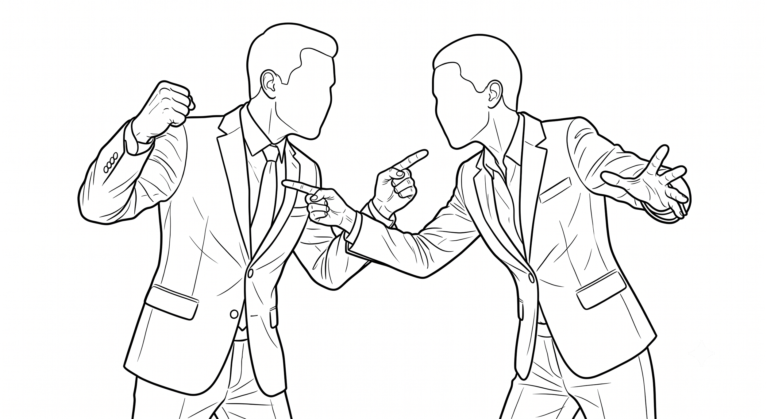 Line drawing of two men in business suits having a conversation, facing each other with one gesturing.