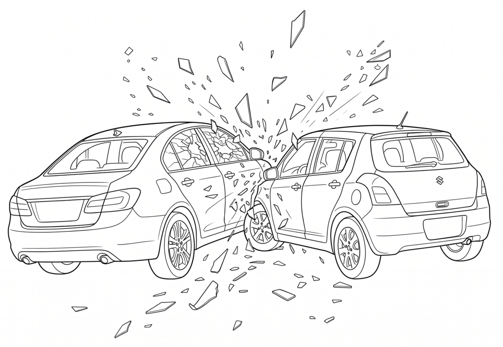 Line drawing of a car accident with damage to the front of the vehicle.