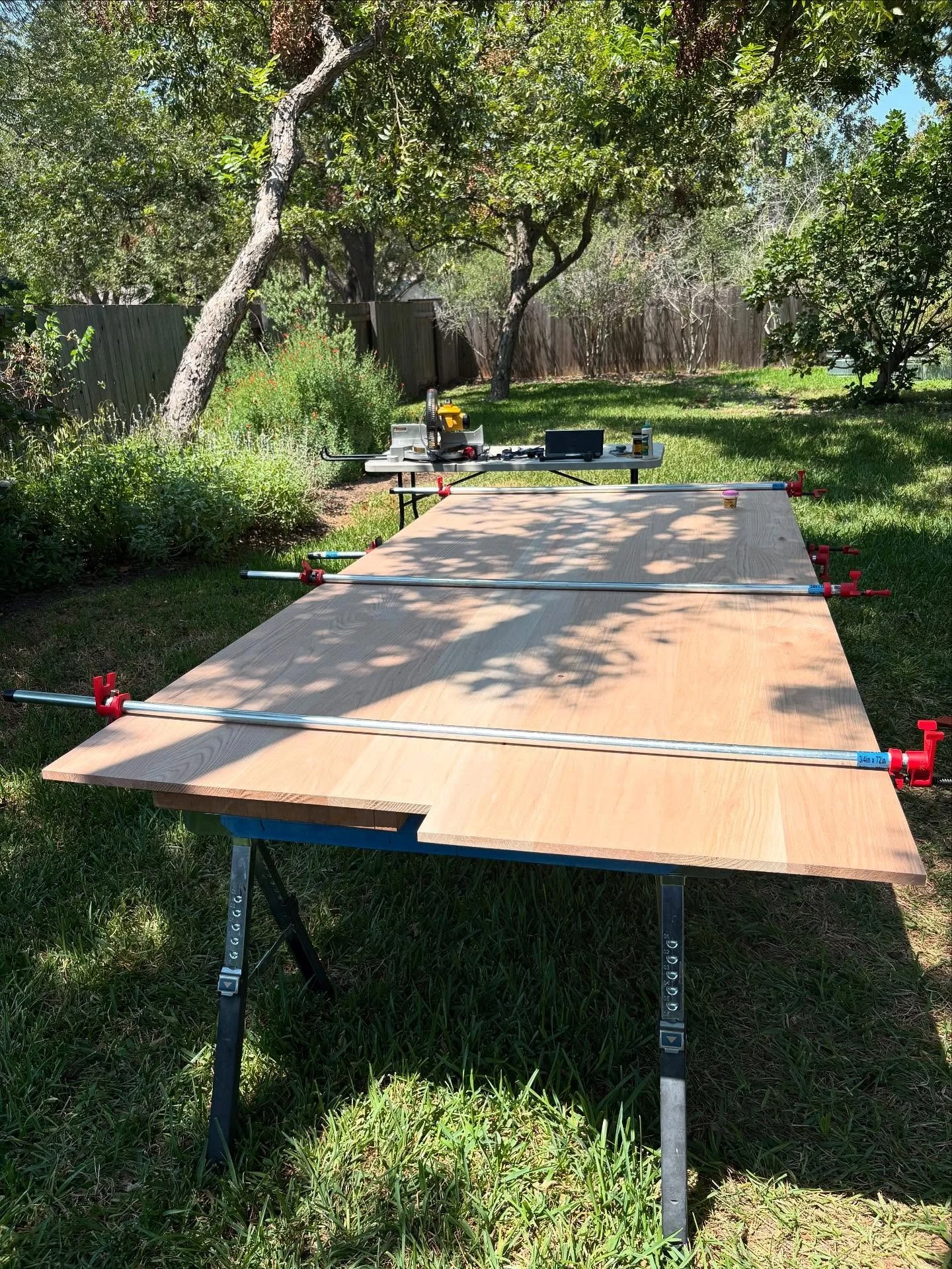 I am a defiantly proud small shop owner. But today, I am grateful for good weather, as I had to move this one outside. It&rsquo;s hot, but at least it&rsquo;s dry. And, if you want glue to set quickly &ndash; today is your day. (58&rdquo; x 124&rdquo