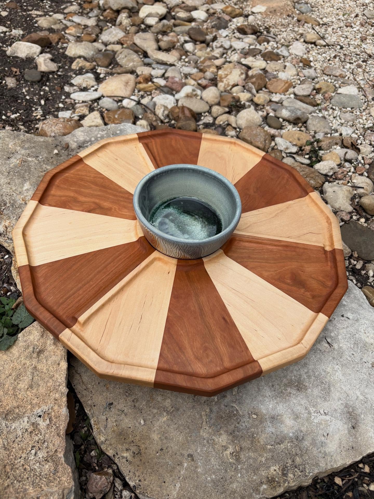 My amazing wife @mkielt1 is doing a charity fundraiser for blood cancer research. I have donated a chip and dip platter that I made out of cherry and maple. Finished with food safe Tried and True polymerized linseed oil.  The bowl is handmade pottery