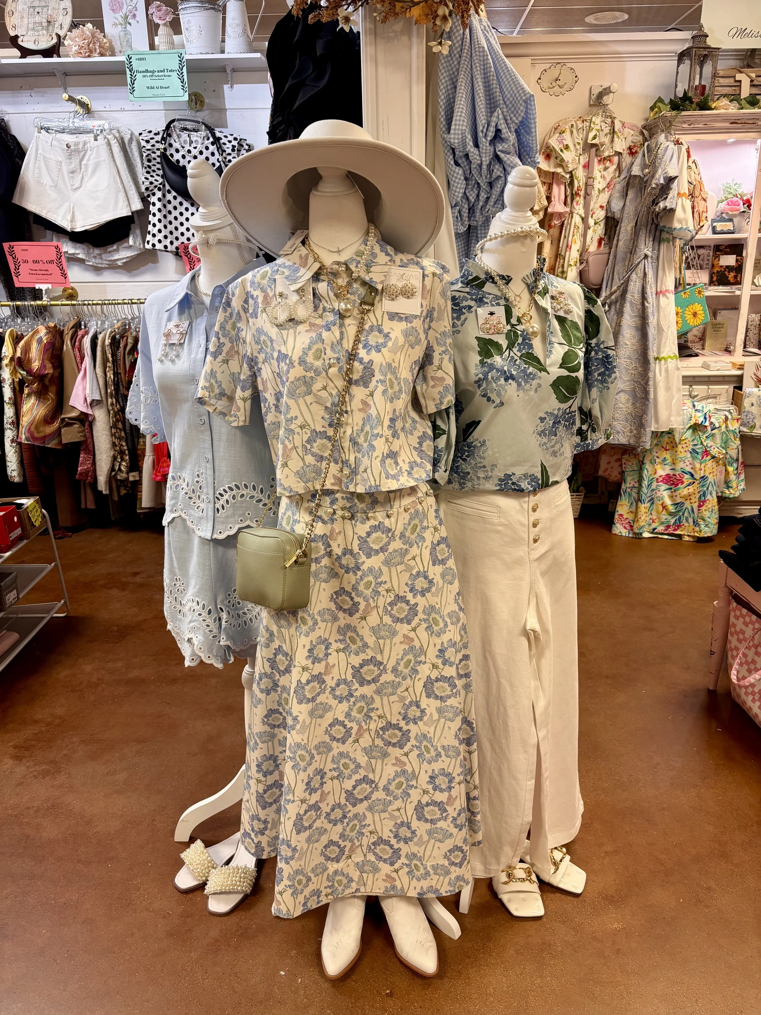 Cream & Blue Floral Pearl Midi Skirt - Matching Set