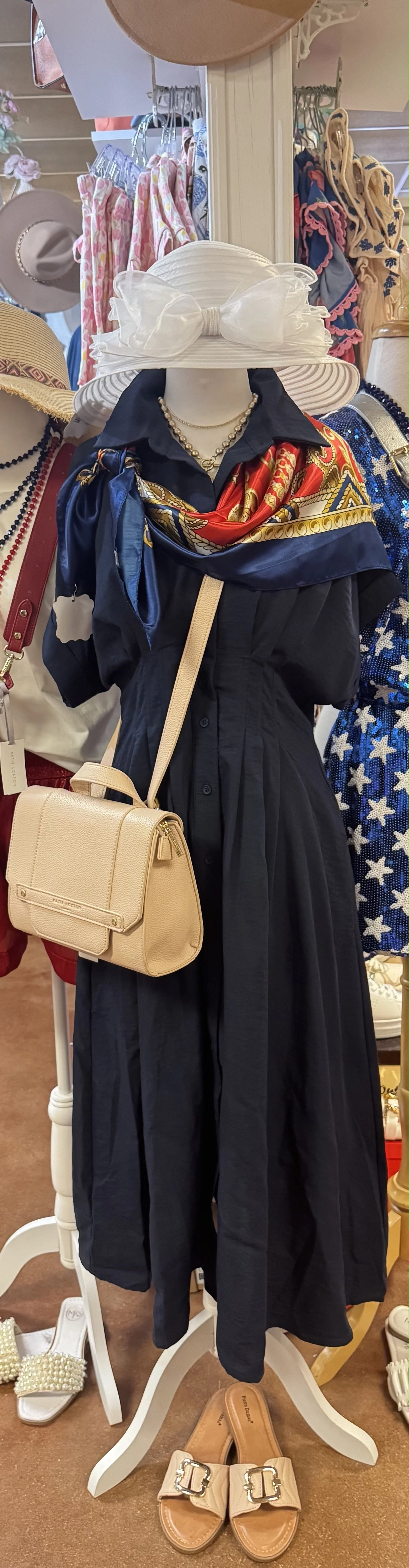 Navy Short Sleeve Button Down Maxi W/ Collar