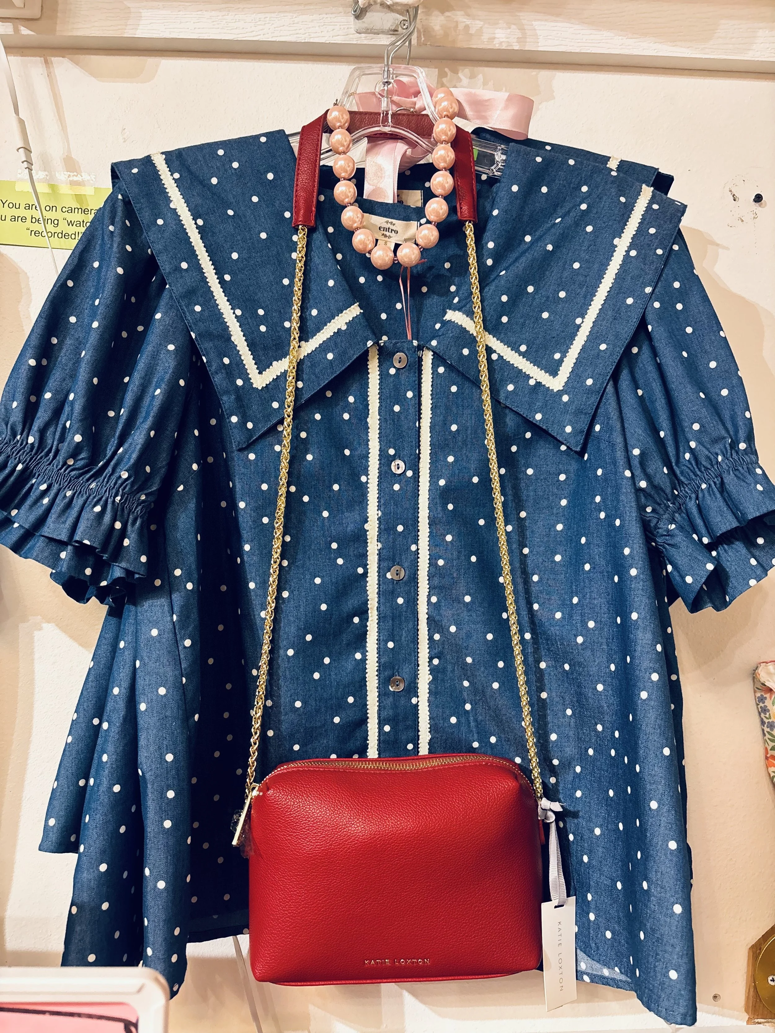 Entro- Denim White Polka Dot Button Up Top