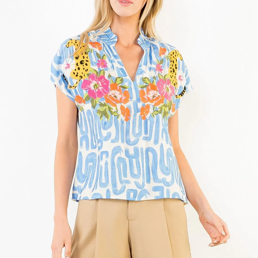 Flower and Cheetah Embroidered Top