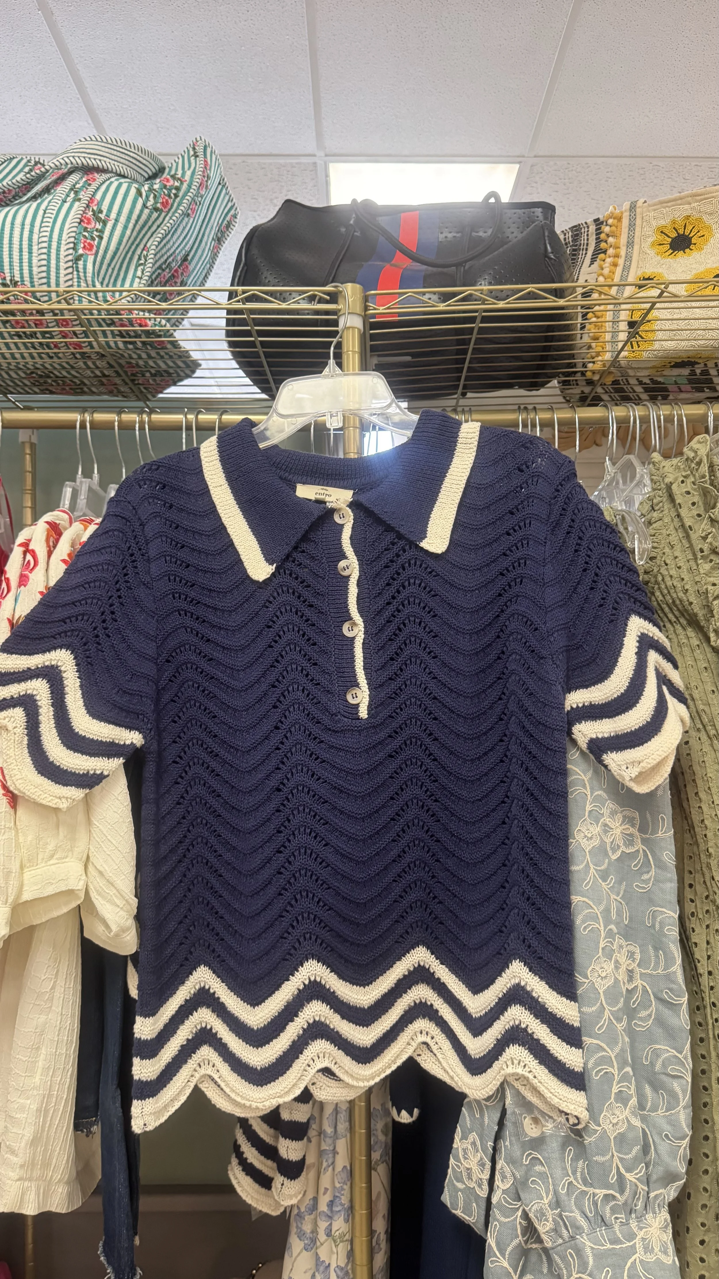 Navy Crochet Scalloped Trim Top- Matching Set