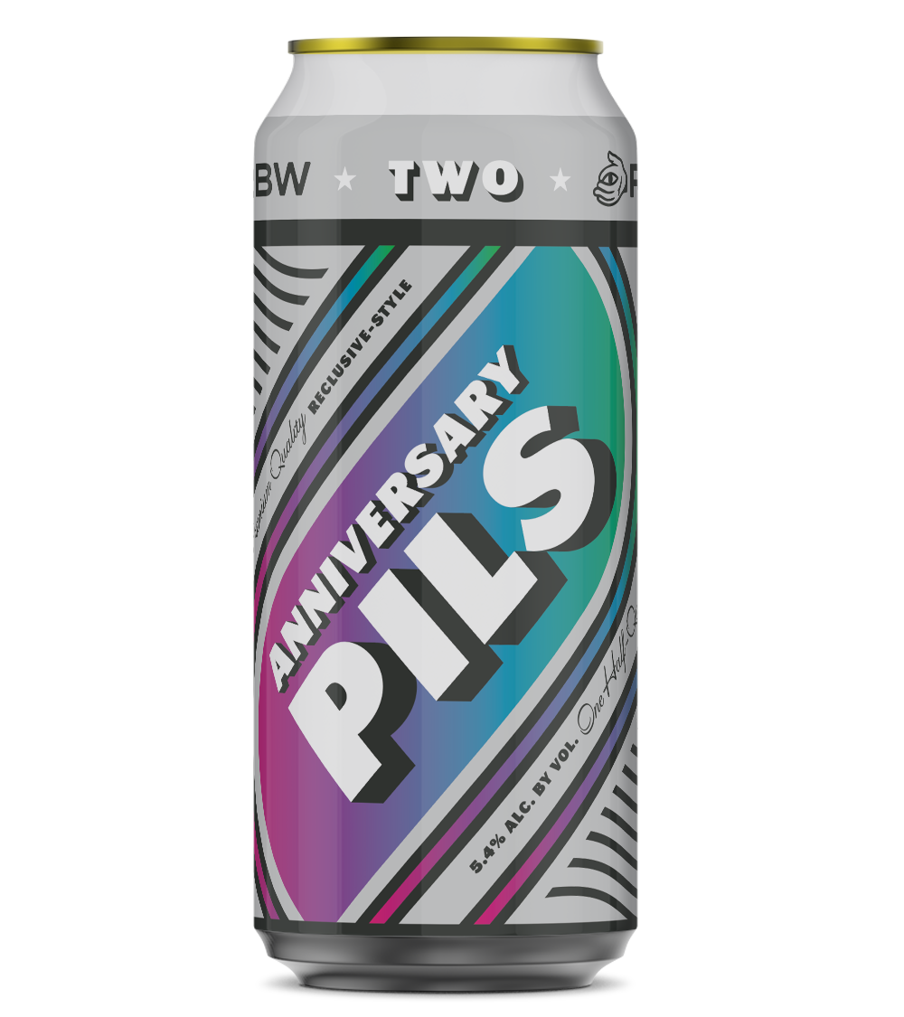 A can of Pilsner beer with colorful, geometric packaging celebrating the brand's 2nd anniversary.