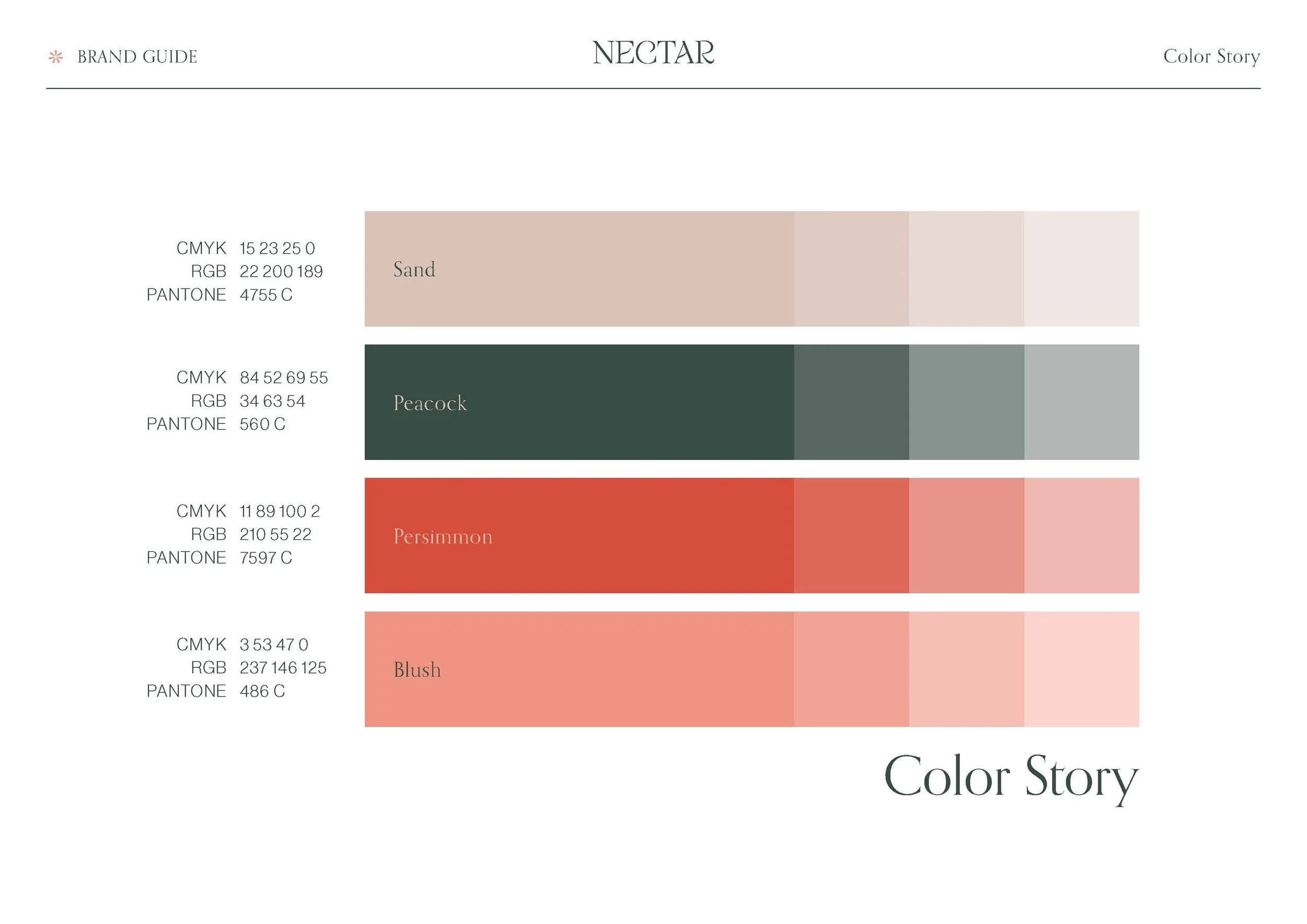 Color story featuring four shades: Sand, Peacock, Persimmon, and Blush with their corresponding CMYK, RGB, and Pantone values, labeled under a brand guide called 'Nectar.'