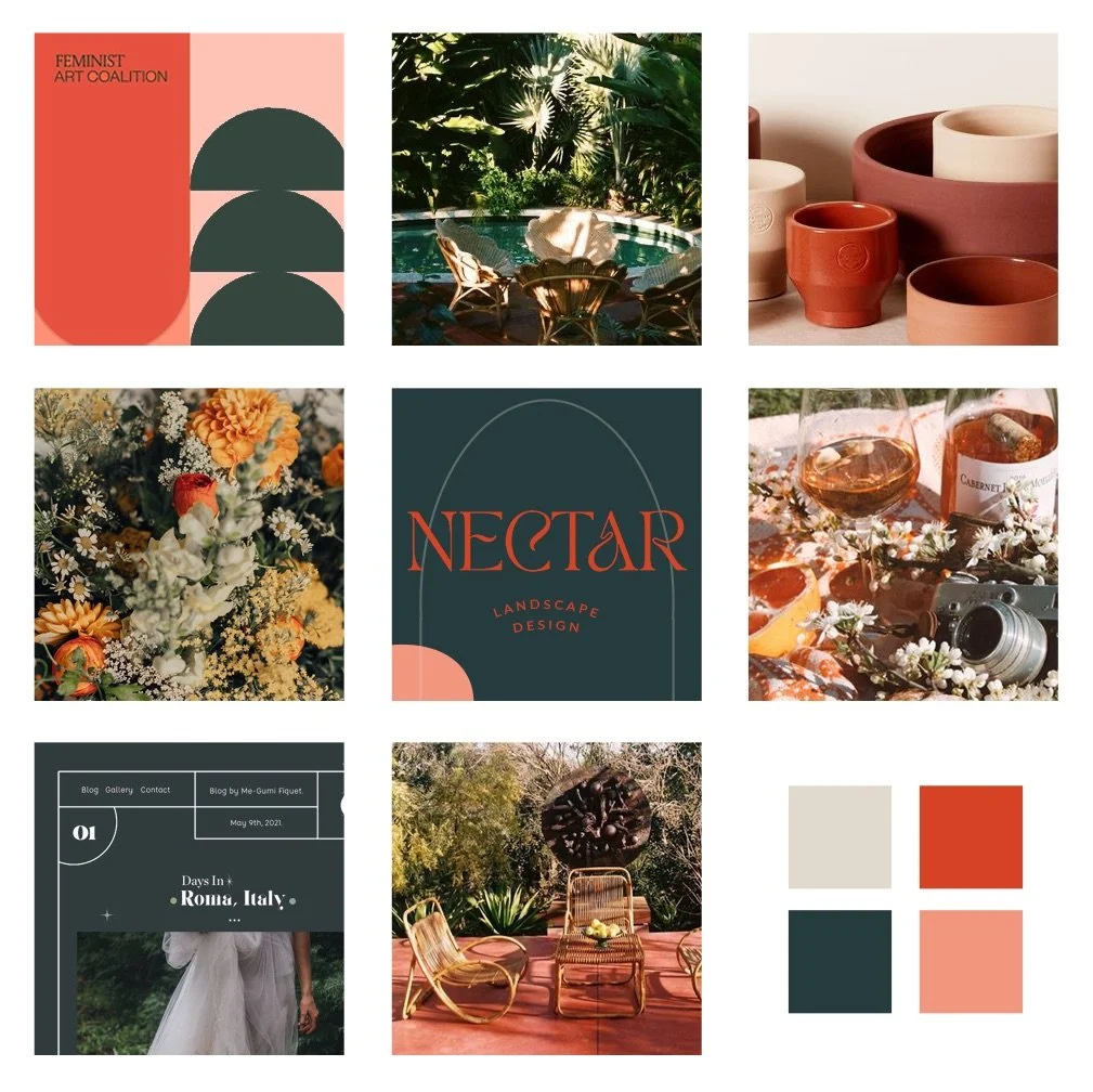 Collage with garden scenes, wicker chairs, flowers, wine bottle, and ceramics